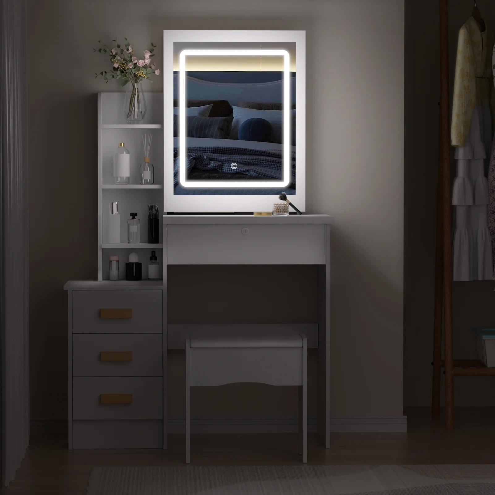 StarBay Makeup Mirror Desk Minimalist Makeup Table Compact Vanity Desk with Sliding Mirror and Lights, Hidden Storage Space, 4 Drawer, Sliding Lighted Mirror
