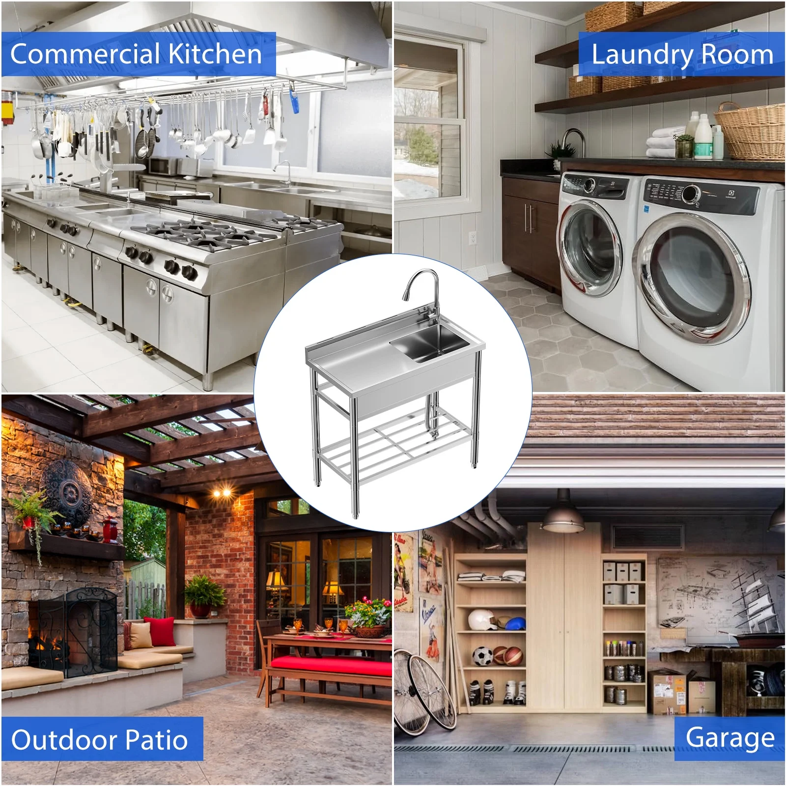 39 Inch Stainless Steel Utility Sink, Single Bowl w/Workbench Storage Shelf