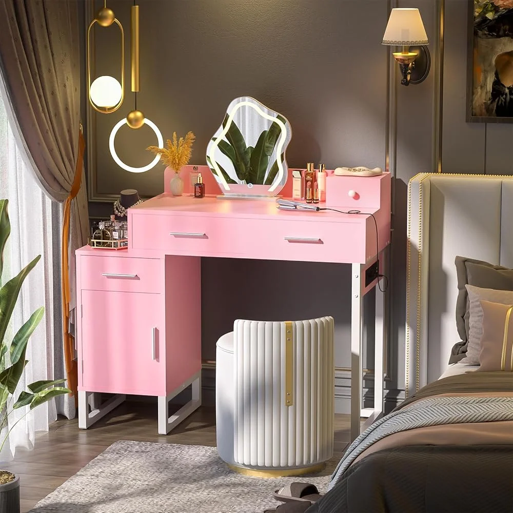 Vanity Desk With 4 Drawers and Cabinet, Makeup Vanity Table With Charge Station Socket, Small Space Makeup Bedside Cupboard, Gift for Her Choice, Suit for Apartment/Dorm/Bedroom, Cute Pink
