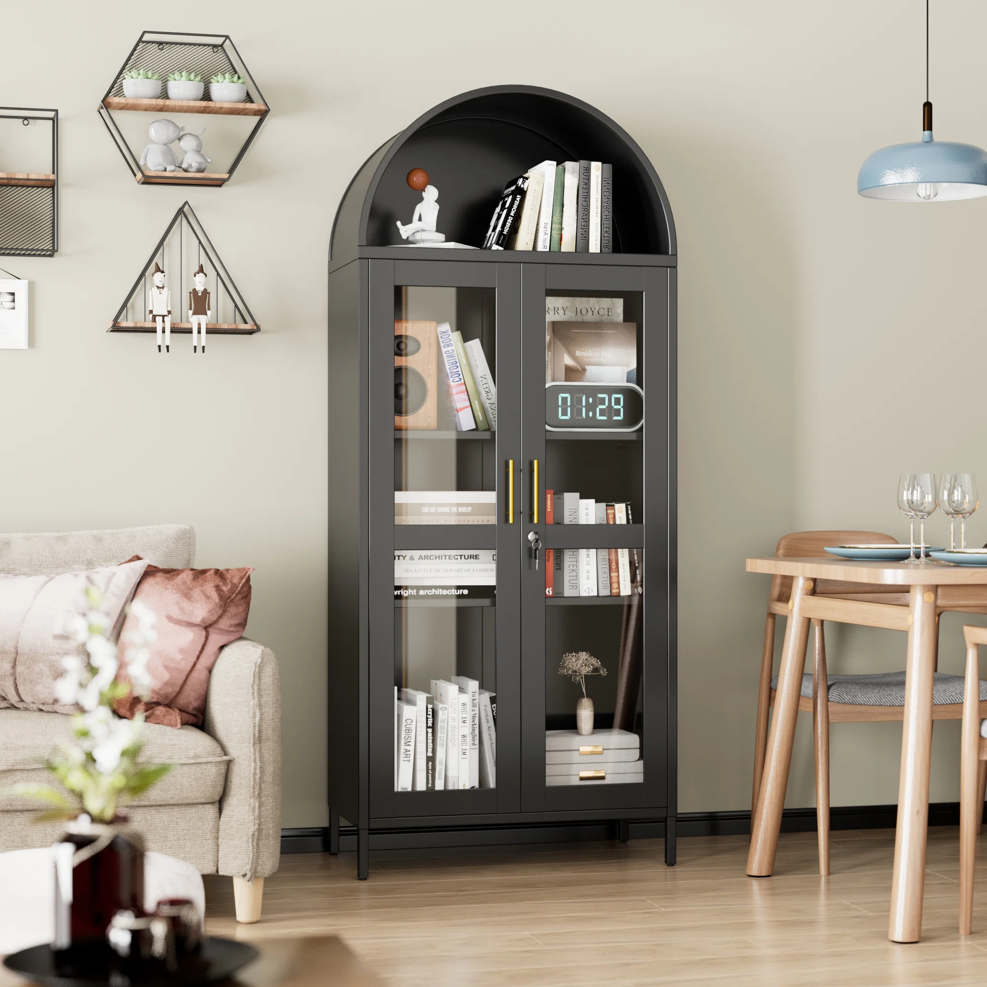 SUPEER Metal Arched Storage Display Cabinet with Glass Doors and Adjustable Shelves, Lockable Cabinet, Assembly Required, Black
