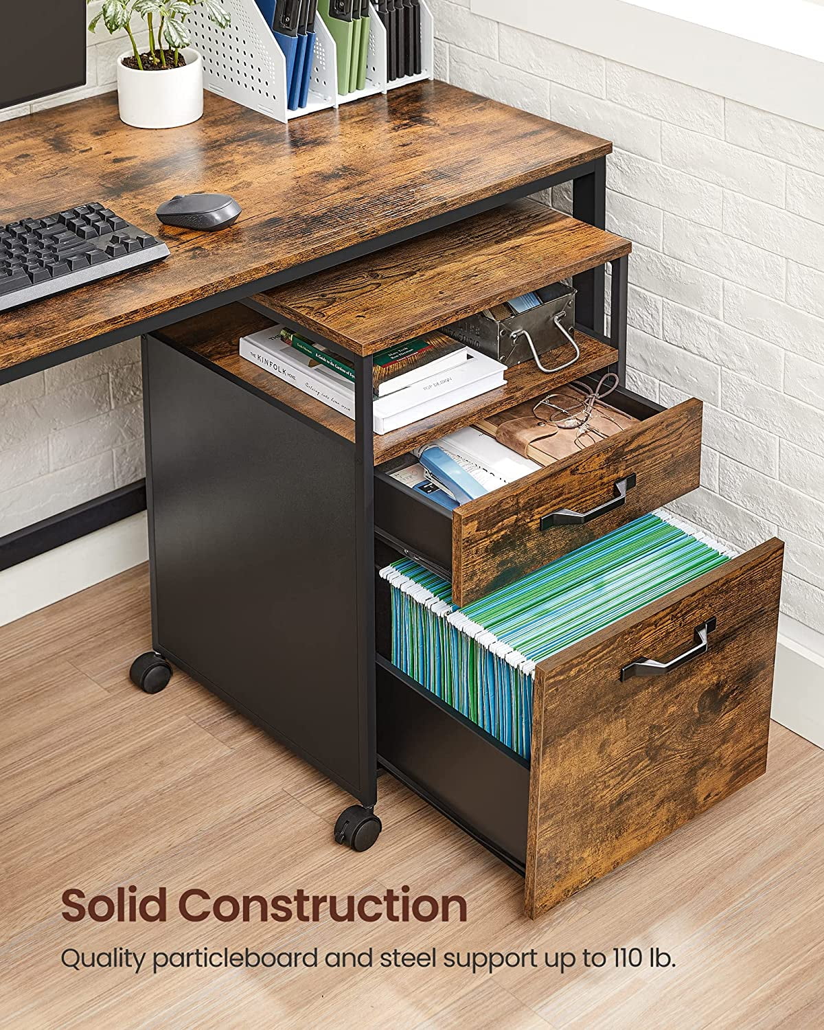 VASAGLE File Cabinet Mobile Filing Cabinet with Wheels 2 Drawers Open Shelf for Office Rustic Brown and Black