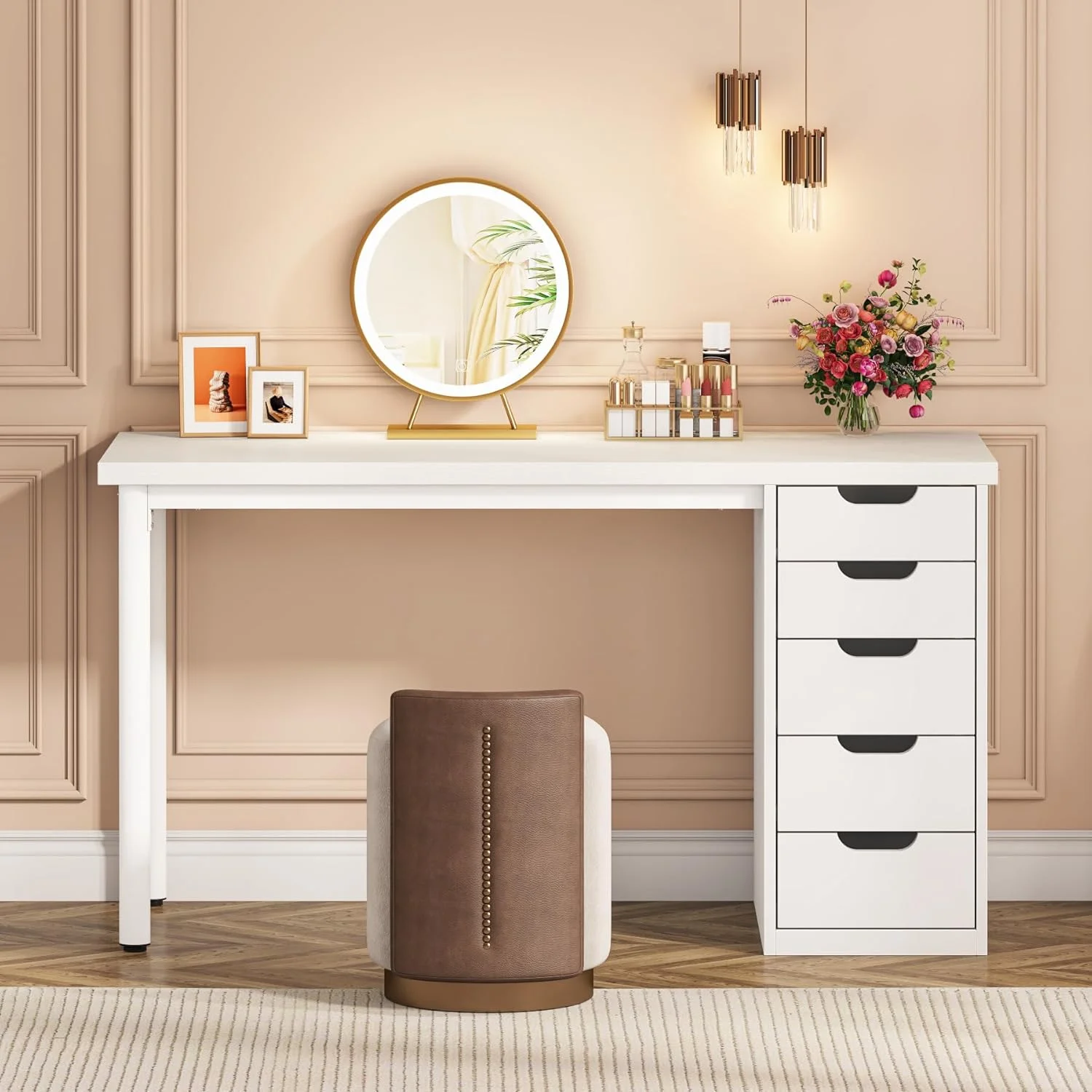 Tribesigns 47 inches Vanity Desk with 5 Drawers, Rustic Makeup Dressing Table with Storage, Modern Simple Computer Desk for Women, Girls (Brown)