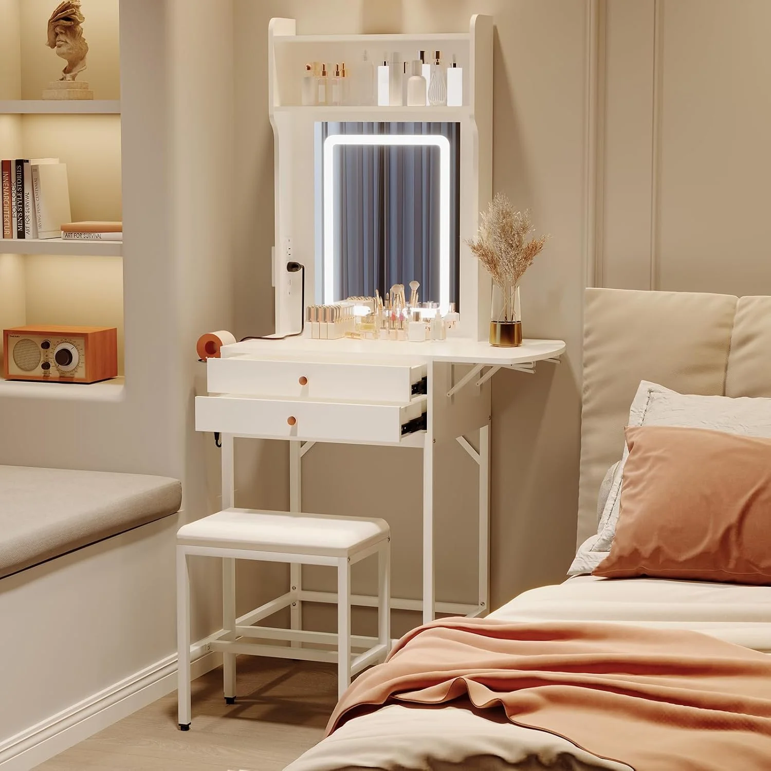 Small Makeup Vanity Desk with Mirror and Lights,Vanity Table Set with Storage Drawer,Hair Dryer Holder,Fold-Up Panel,Stool and Shelves,Compact Makeup Dressing Table for Bedroom Apartments