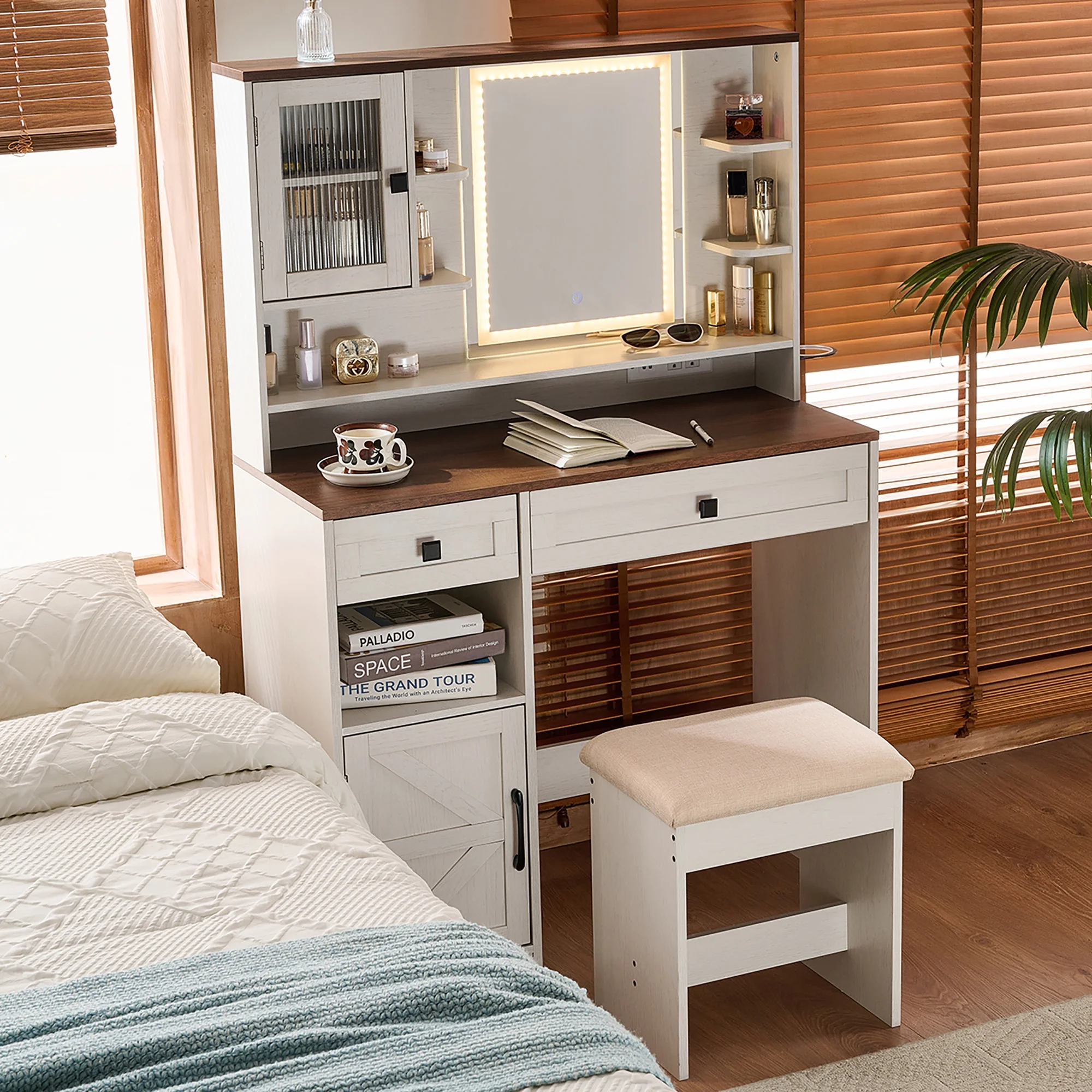 Farmhouse Makeup Vanity Desk with Mirror and Lights,Dressing Table Set with Charging Station and Stool,Drawers,Shelves and Side Cabinet,White