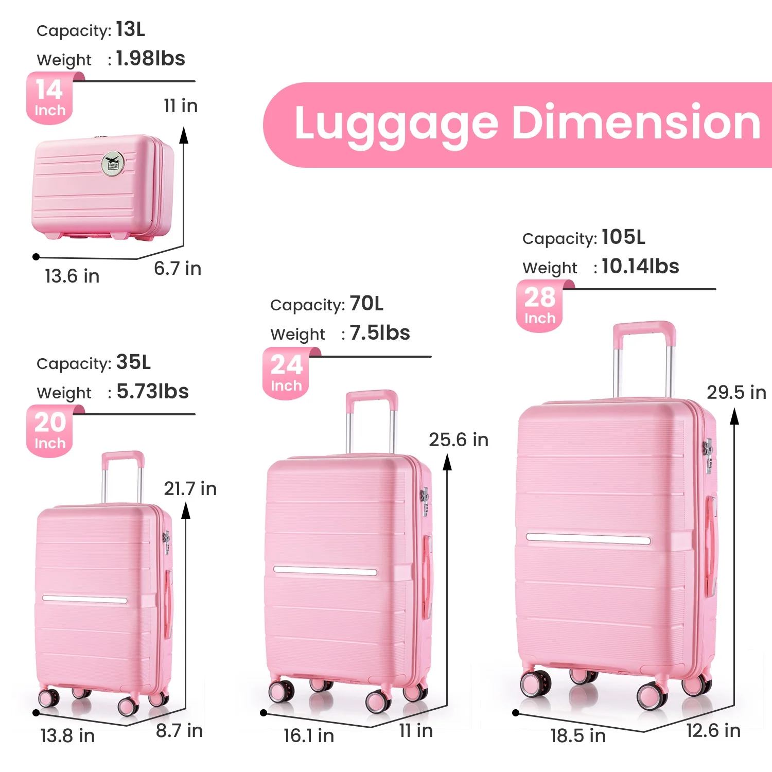 4 Piece Luggage Set, Expandable Lightweight Suitcase Set, PP Materials Travel Luggage with TSA Lock Spinner Wheels, White (14/20/24/28)