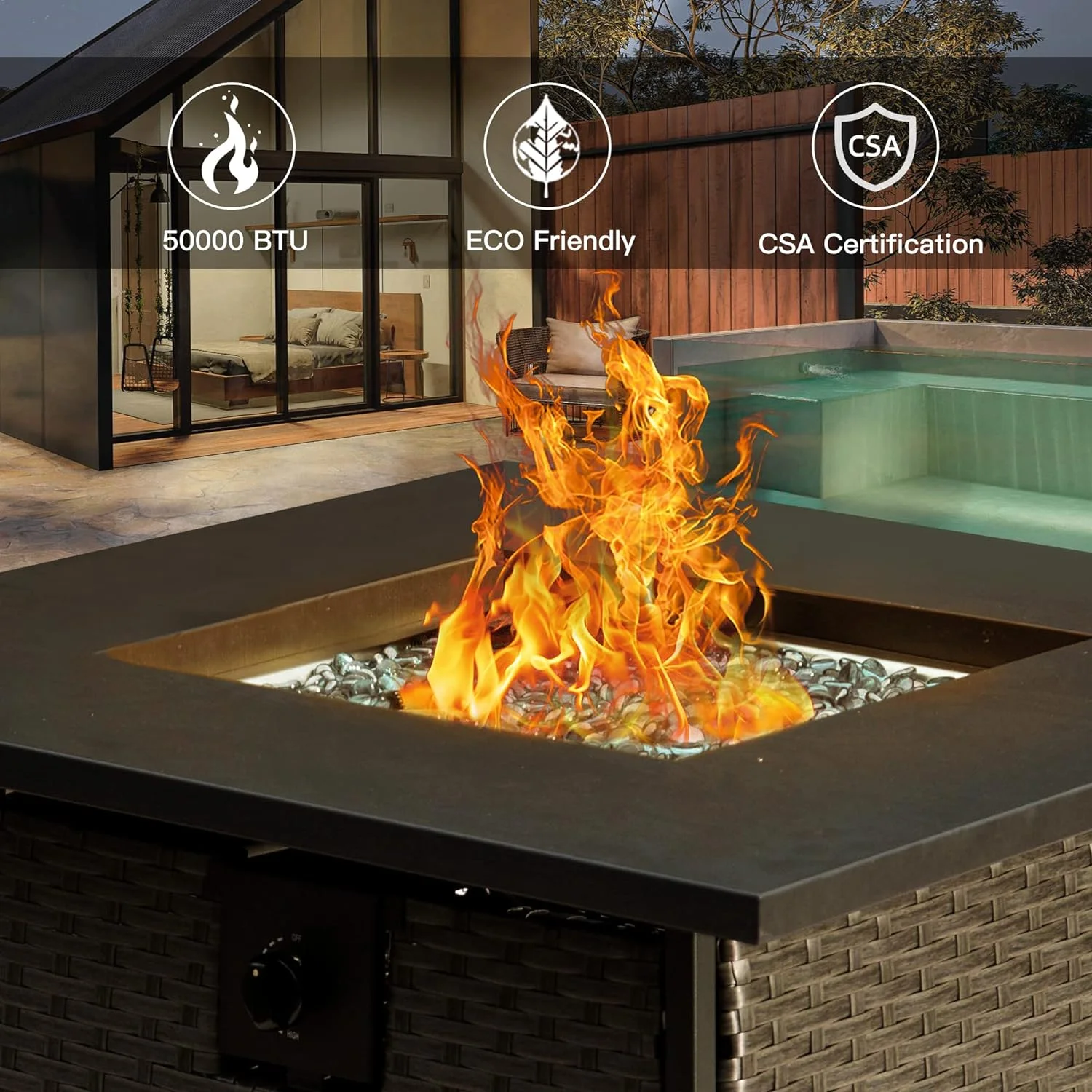 Domi Outdoor Living 43in Gas Fire Pit Table,50,000 BTU Outdoor Wicker Patio Propane Firepit w/Aluminum Tabletop,Glass Wind Guard,Blue Glass Rocks, Hideaway Tank Holder, ETL Certification, Cover Lid