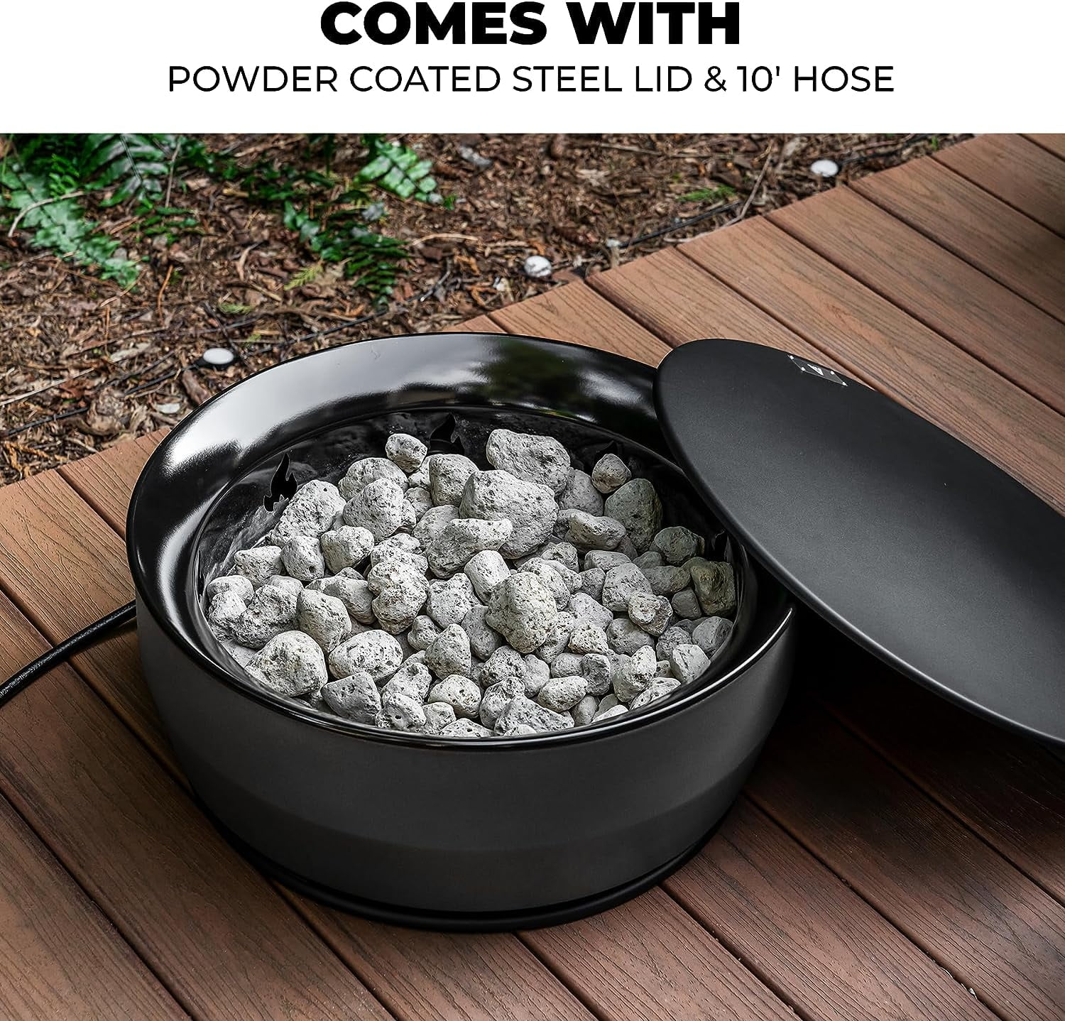 Outland Living Large Outdoor Propane Gas Fire Pit for Outside, 60,000 BTU/h, 24 inch with Lid - Modern Lake Country 800 Fire Bowl Firepit for Patio, Graphite Gray