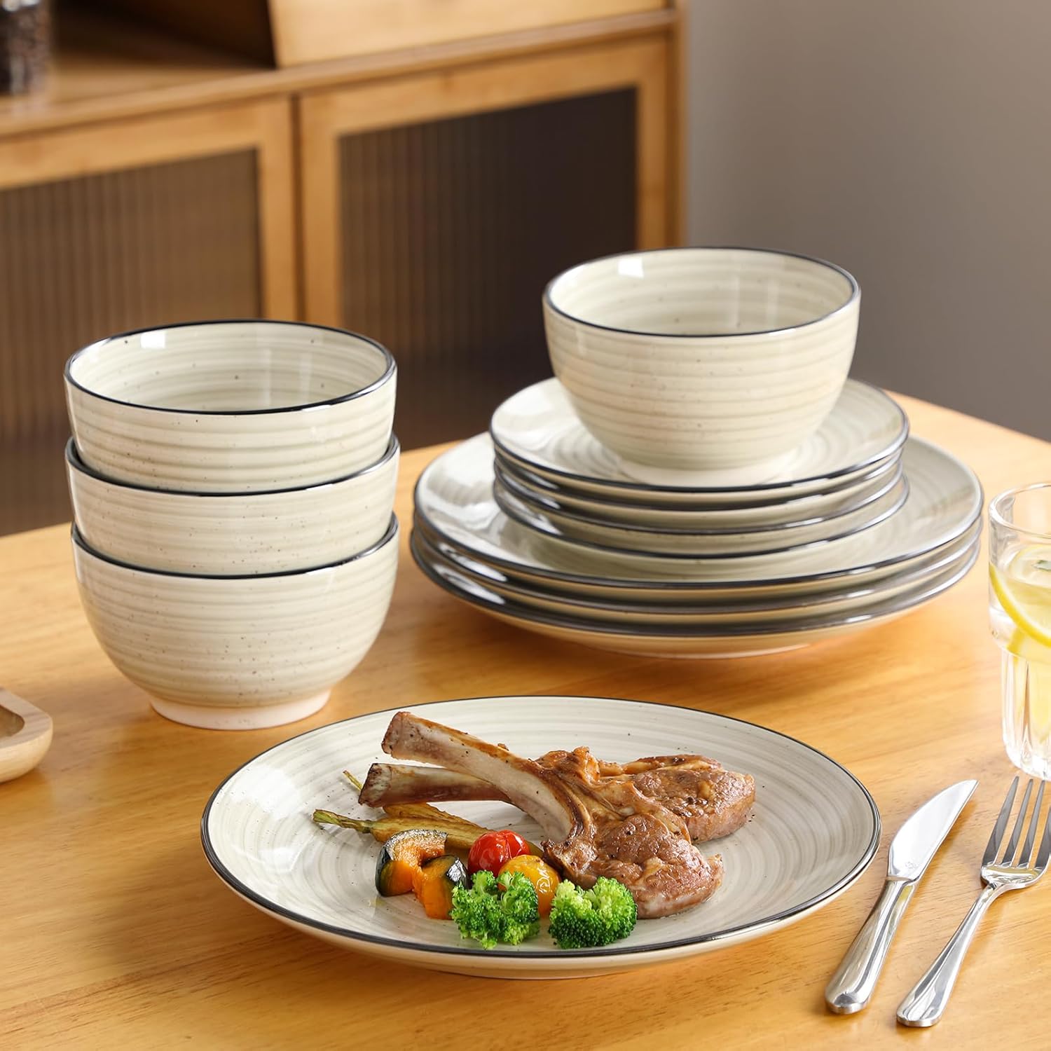Dinnerware Sets 12 Pieces Bonbon Beige Dinner Set, Plates and Bowls Sets with Dinner Plates Bowls Handpainted Spirals Pattern Dish Sets, Service for 4
