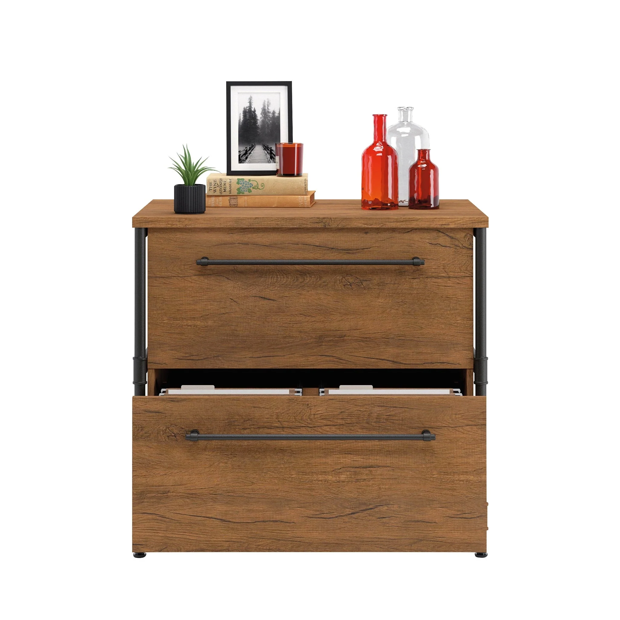 Sauder Iron City Industrial Interlocking 2 Drawer Lateral File Cabinet, Checked Oak Finish