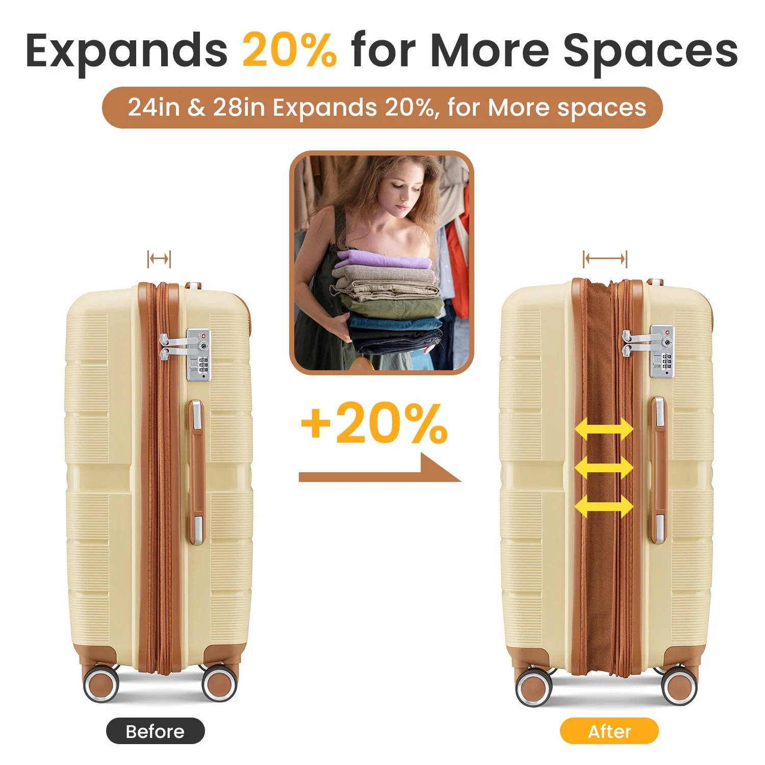 4 Piece Luggage Set, Expandable Lightweight Suitcase Set, PP Materials Travel Luggage with TSA Lock Spinner Wheels, White (14/20/24/28)