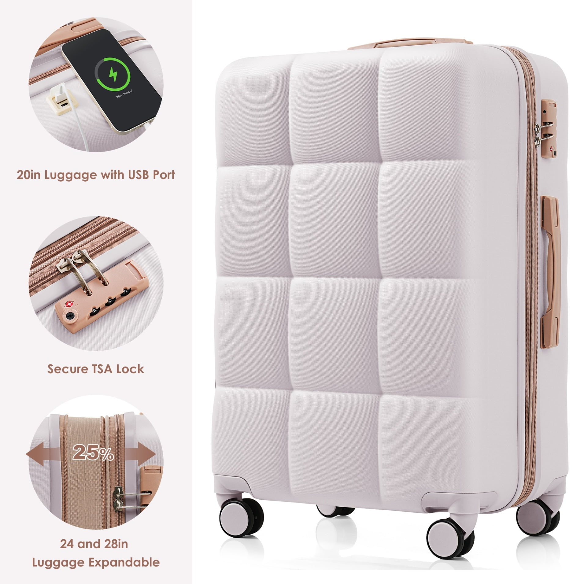 3 Piece Luggage Set , 20/24/28 inches Suitcase Set , ABS Hardshell Expandable Luggage Sets with TSA Lock,20-inch with USB Port, Carry On Luggage for Men Women, Pink