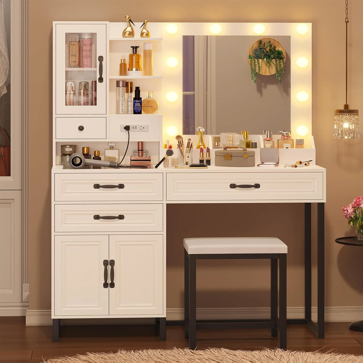 AMUZER Modern Vanity Desk Set with Mirror and Lights & Stool, Makeup Vanity Table with Charging Station, 4 Stoarge Drawers & Double-Door Cabinet, White