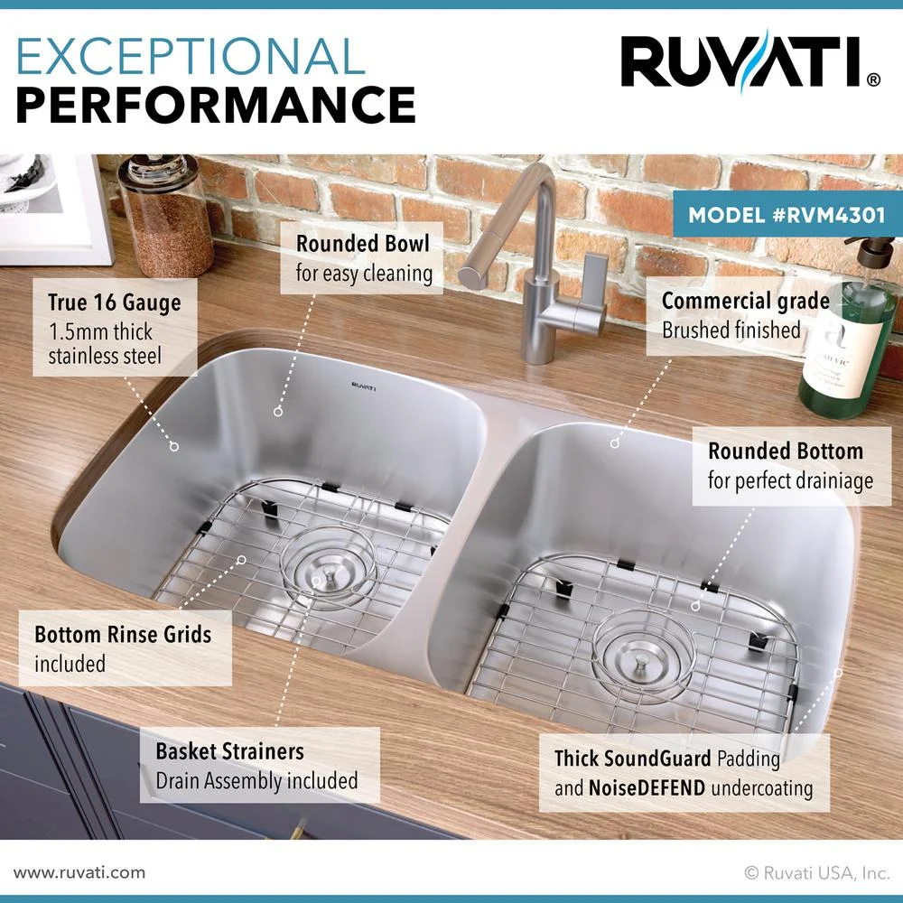Ruvati 29-inch Undermount 50/50 Double Bowl 16 Gauge Kitchen Sink