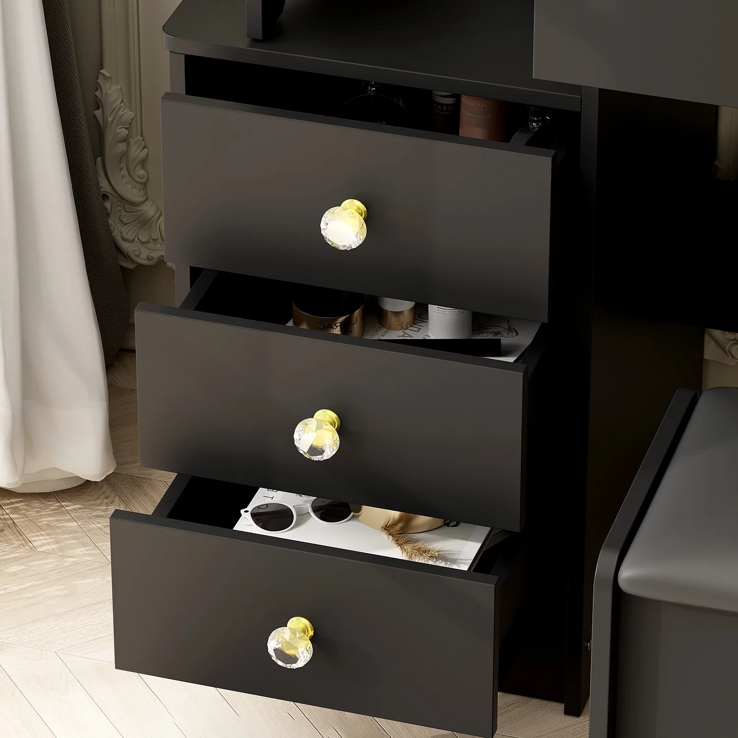 MONSLIPA Makeup Vanity Desk Set w/ Light, Sturdy Dressing Vanity Table with Bench, Shelves & Drawers