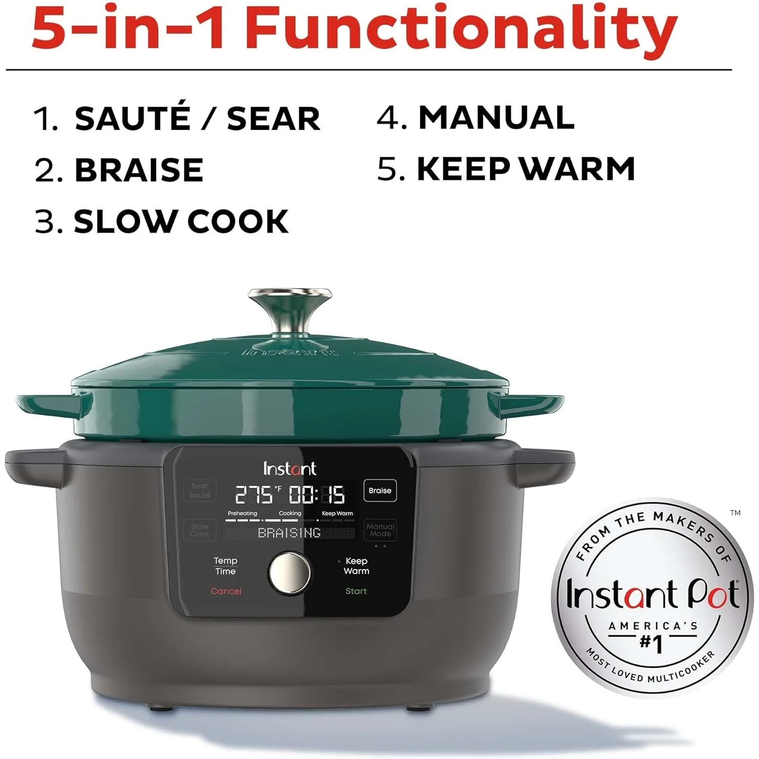 Instant Electric Round Dutch Oven, 6-Quart 1500W, From the Makers of Instant Pot, 5-in-1: Braise, Slow Cook, Sear/Saut��, Cooking Pan, Food Warmer, Enameled Cast Iron, Included Recipe Book, Green