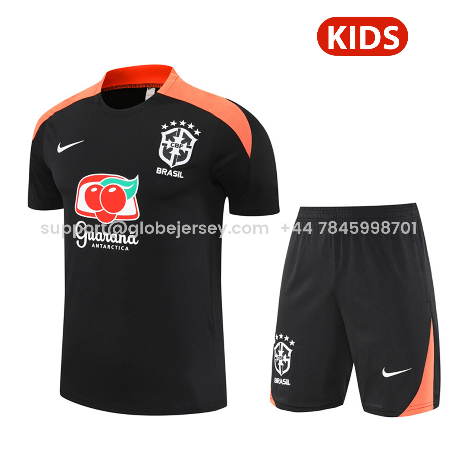 Brazil 25-26 Kids Short-Sleeve Training Set - Black Top & Black Shorts
