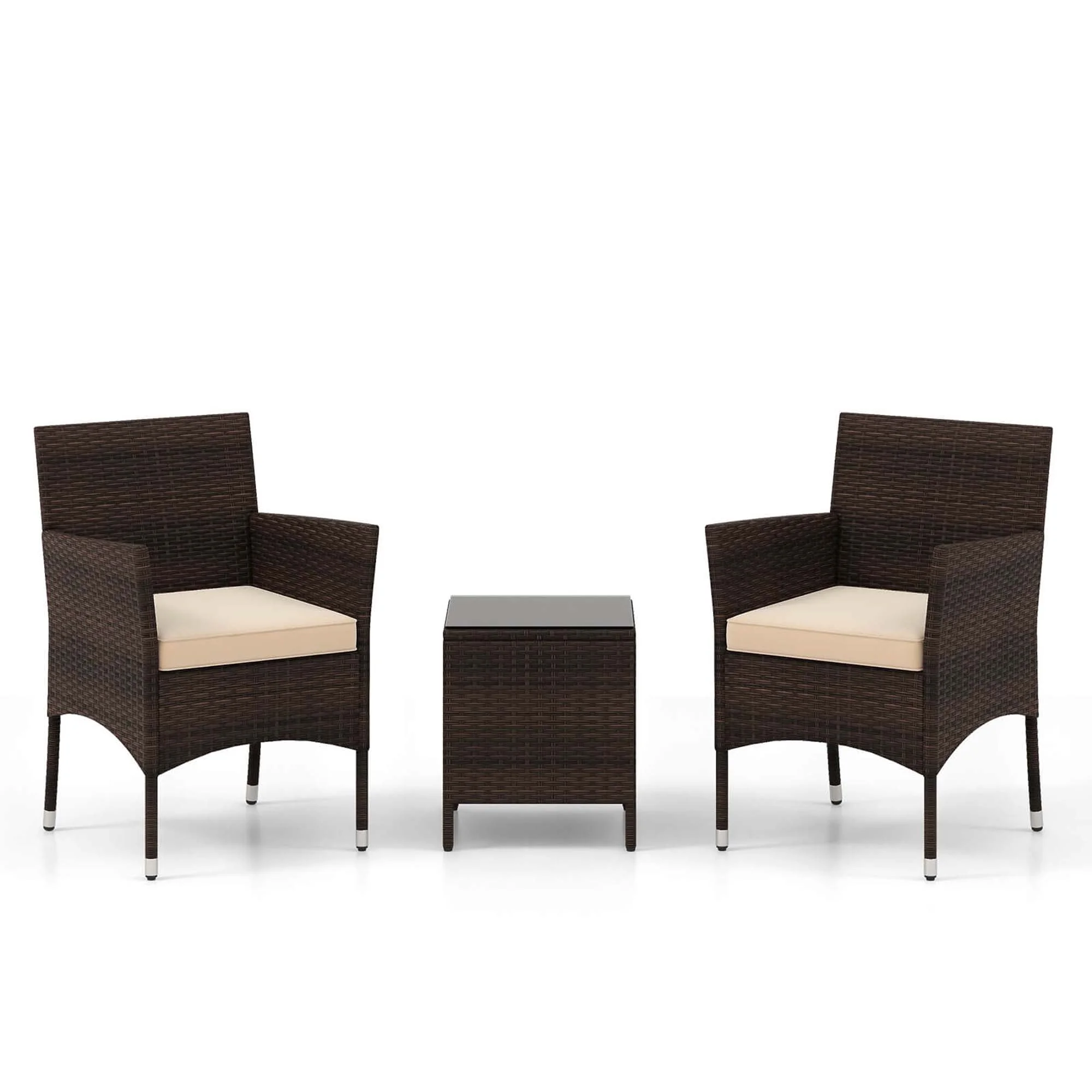Costway 3 PCS Outdoor Conversation Set with Cushioned Seat & Tempered Glass Tabletop Beige