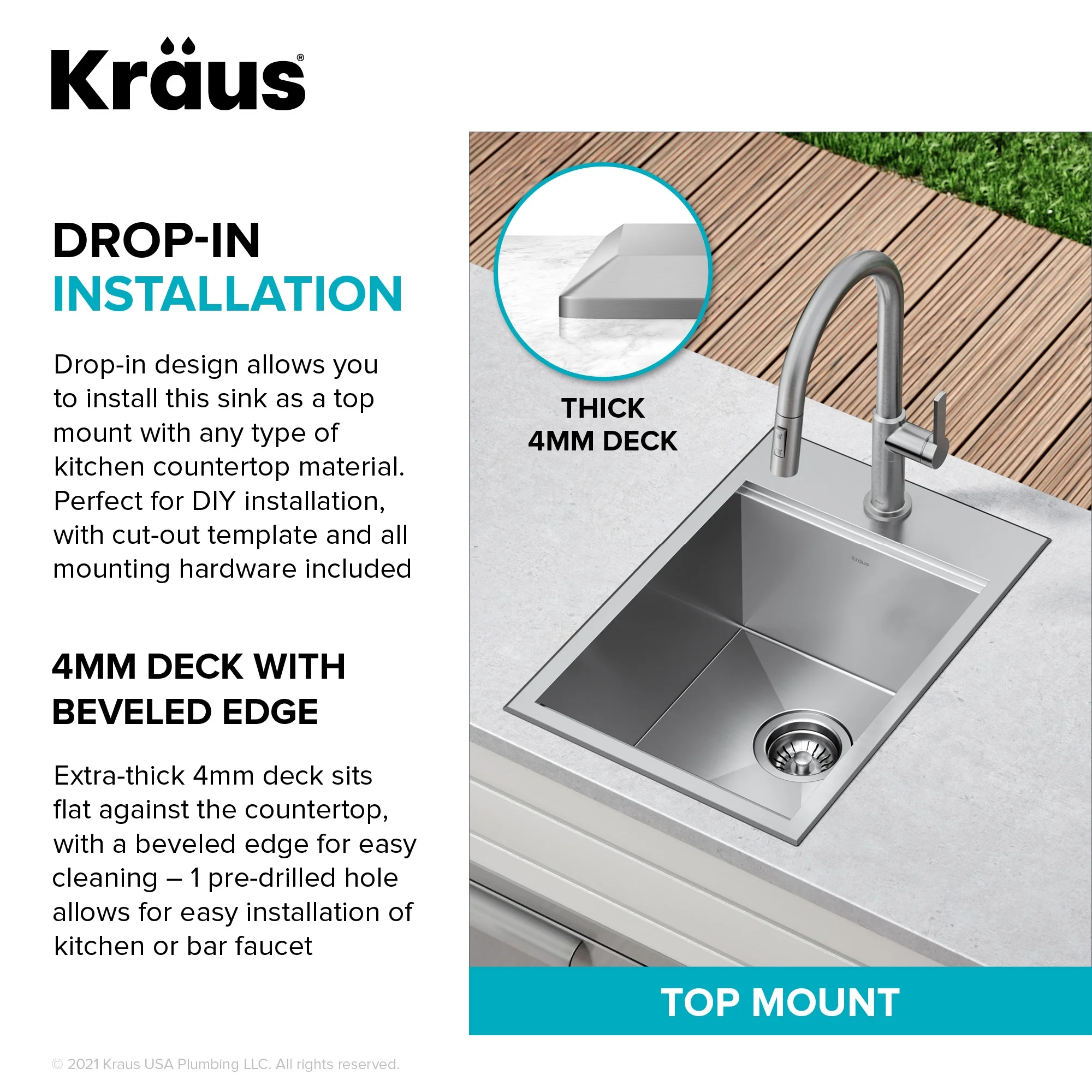 Kraus Kore 15 Outdoor Workstation Drop-In 16 Gauge Marine Grade T-316 Stainless Steel Single Bowl Kitchen Bar Sink with Accessories
