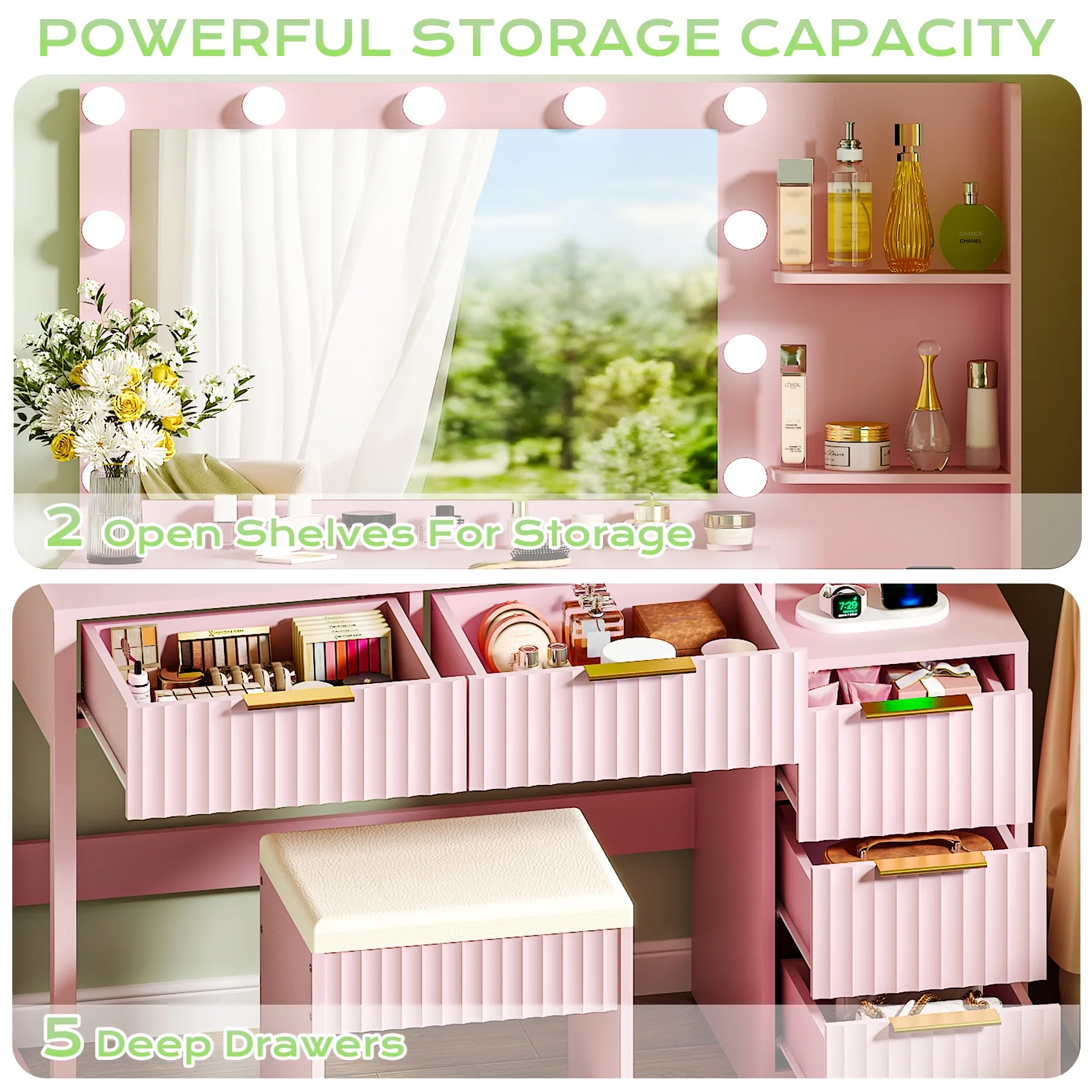 Ktaxon Flutted Makeup Vanity Table Set with 5 Drawer, Dressing Table w/Charging Station, Vanity Desk for Femal Gift, White