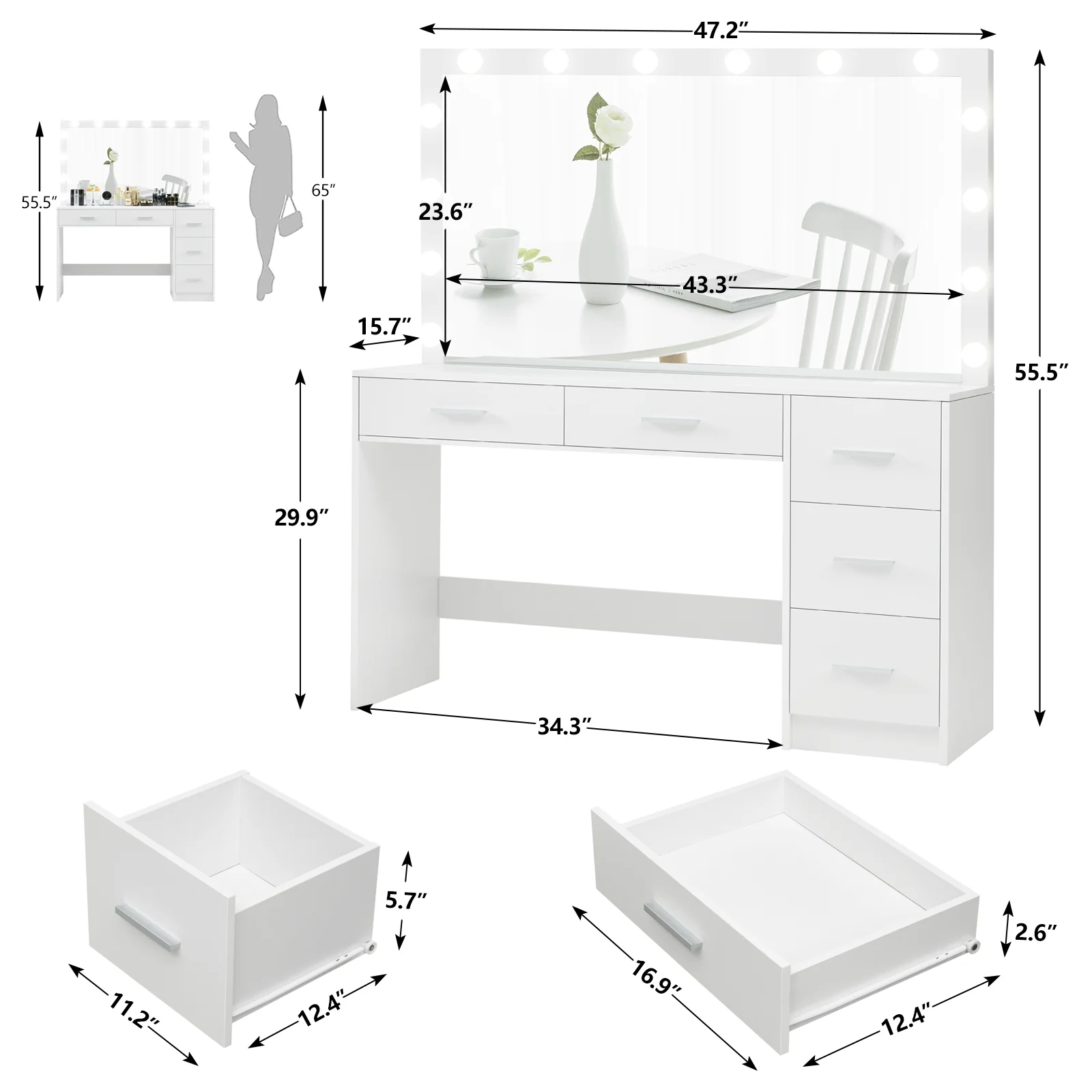 USIKEY Bedroom Adjustable Makeup LED Lights Desk, and Mirror Table Set, White