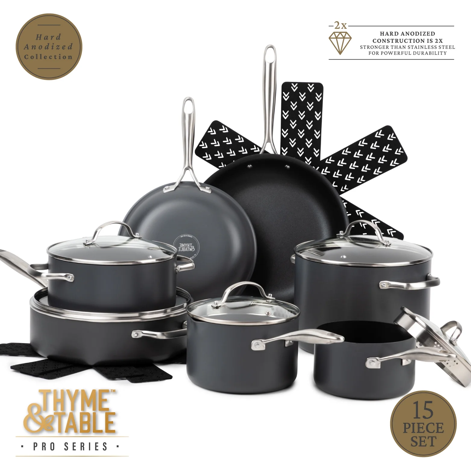 Thyme & Table 15-Piece Non-Stick Hard Anodized Cookware Set, Pots and Pans Set - Black