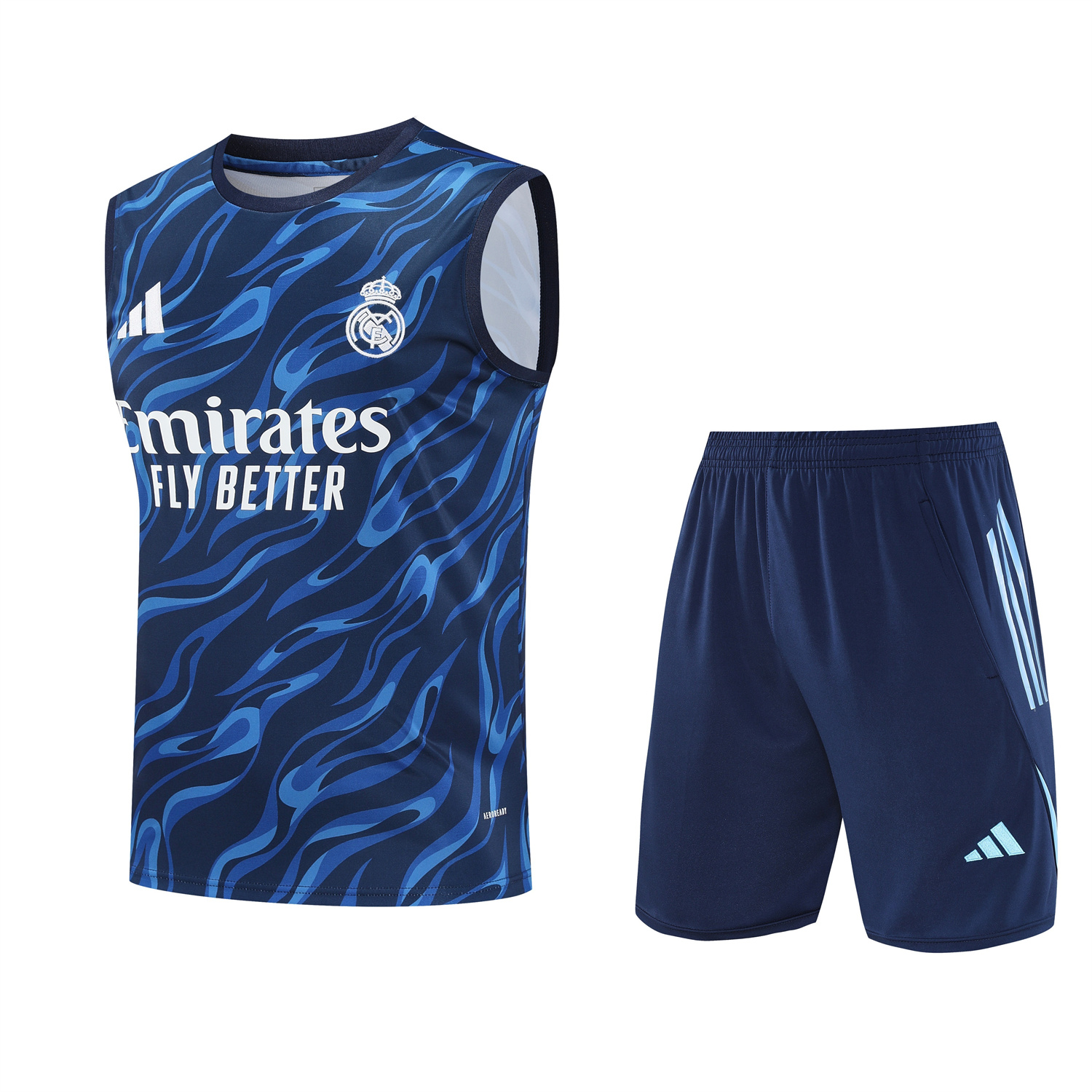 Real Madrid 25-26 Vest Training Set - Blue Water Pattern Top & Deep Blue Shorts