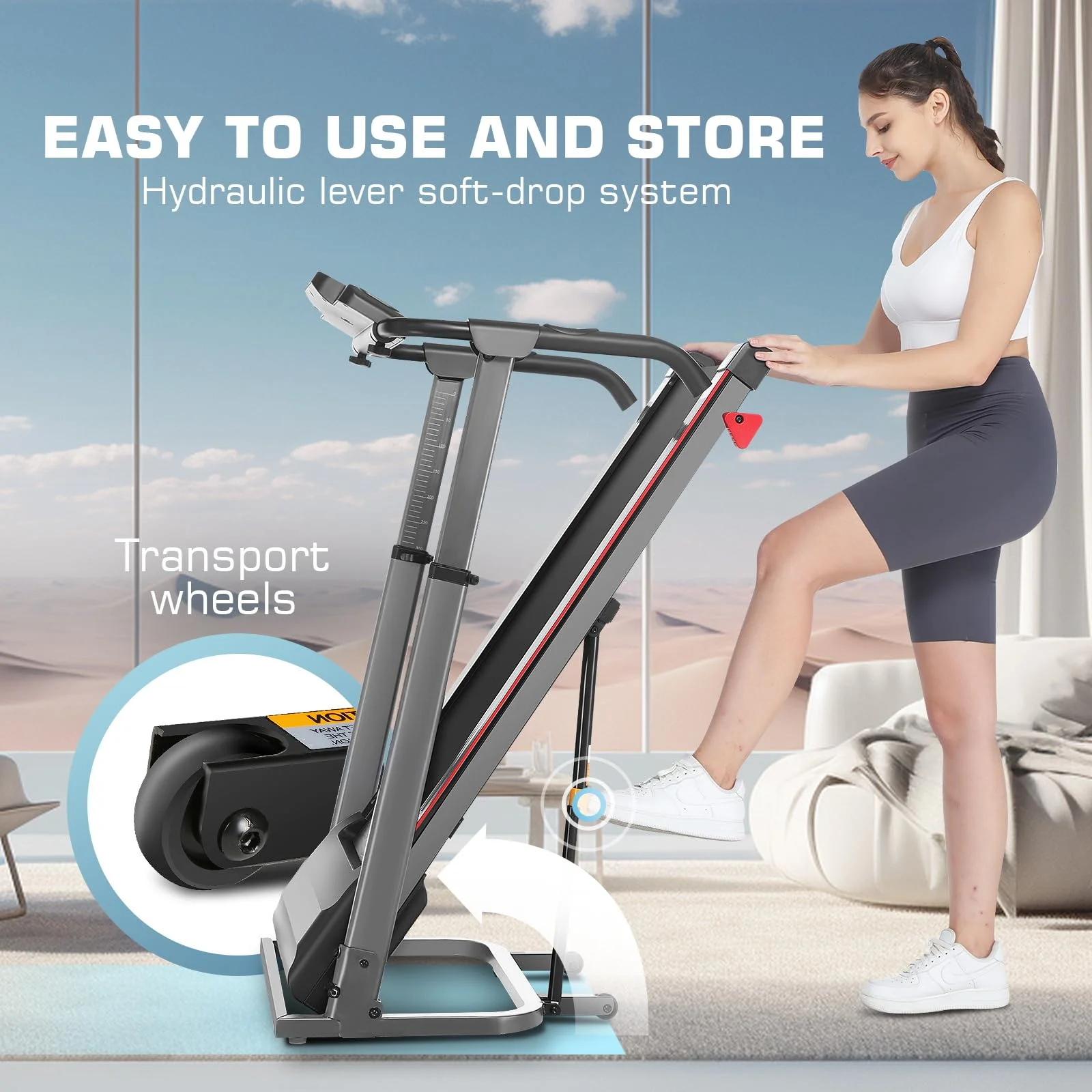 Folding Treadmill with Removable Desk, Foldable Treadmill with Adjustable Height, Treadmill 300lb Weight Capacity, White