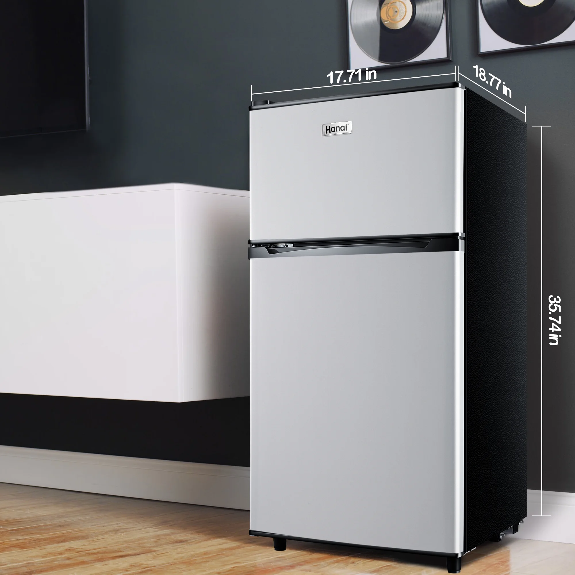 WANAI Two-Door Mini Fridge with Freezer, Silvery, 3.5 Cu ft