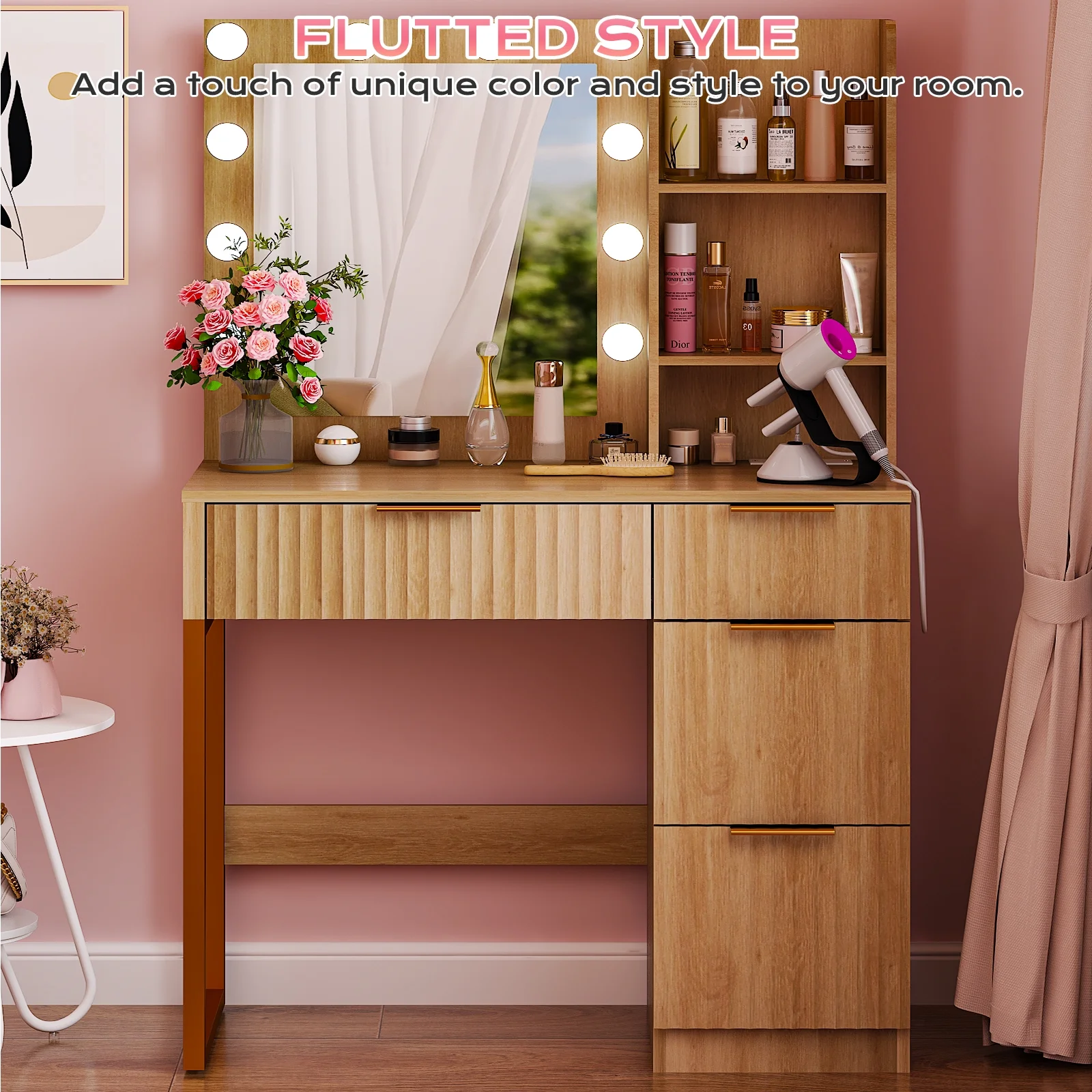Ktaxon Vanity Set with 3 Color Lighted Mirror, Makeup Table with 3 Storage Shelves & Drawers, Dressing Table Makeup Desk with Stool,White