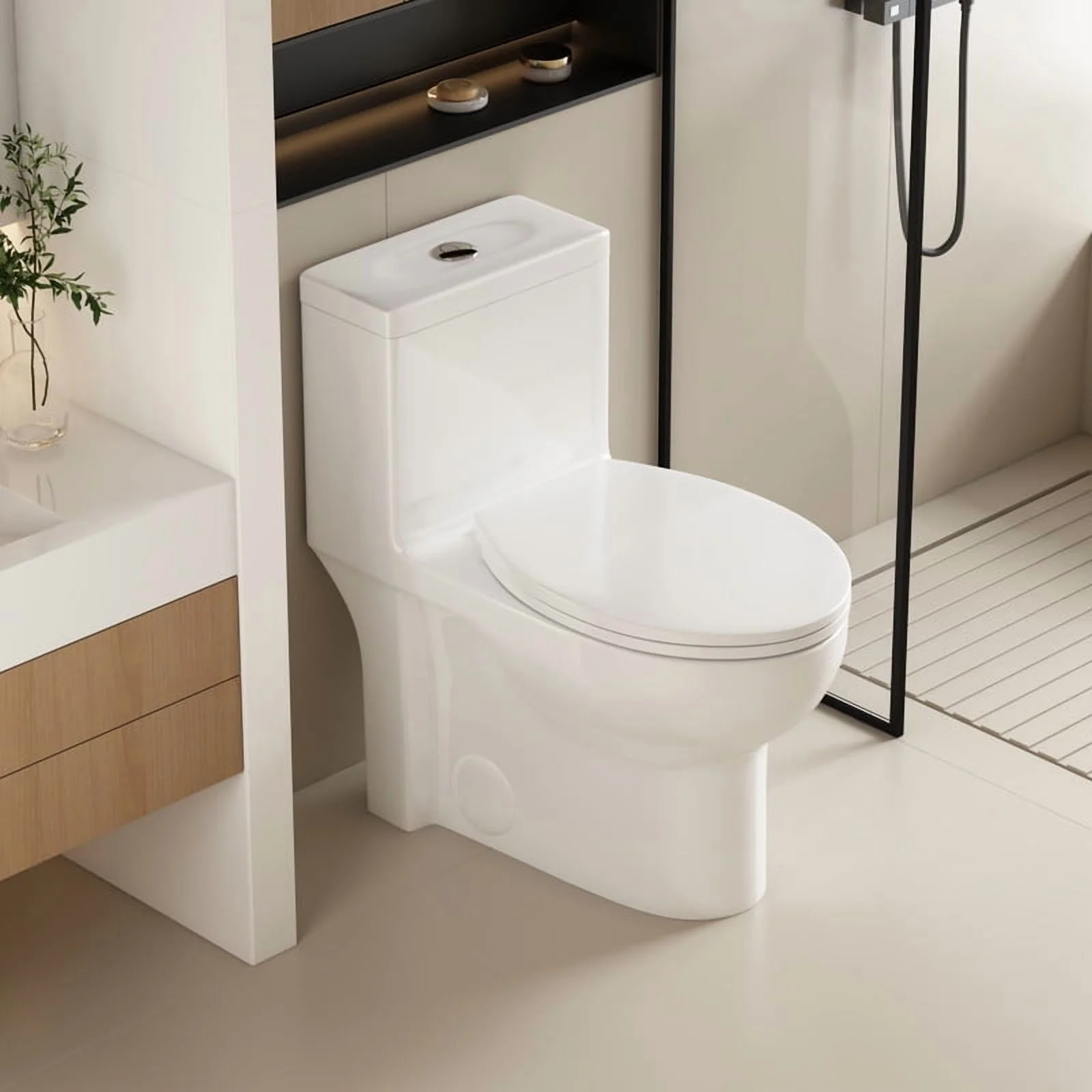 Albriya Modern One Piece Toilet with Soft Close Seat , Elongated Toilet with Comfort Seat Height, ADA Chair Height 17.32