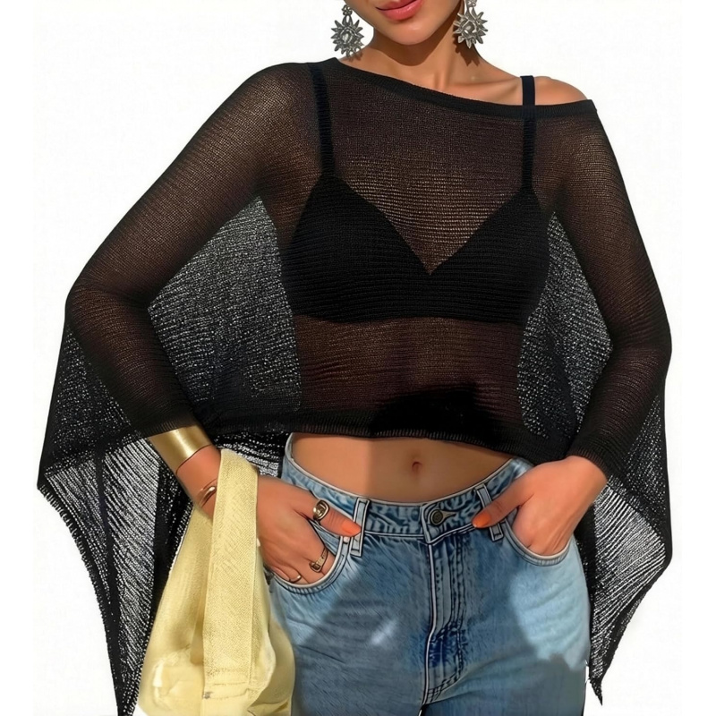 Women Sheer Poncho Top Lightweight Knit Crochet Shrug