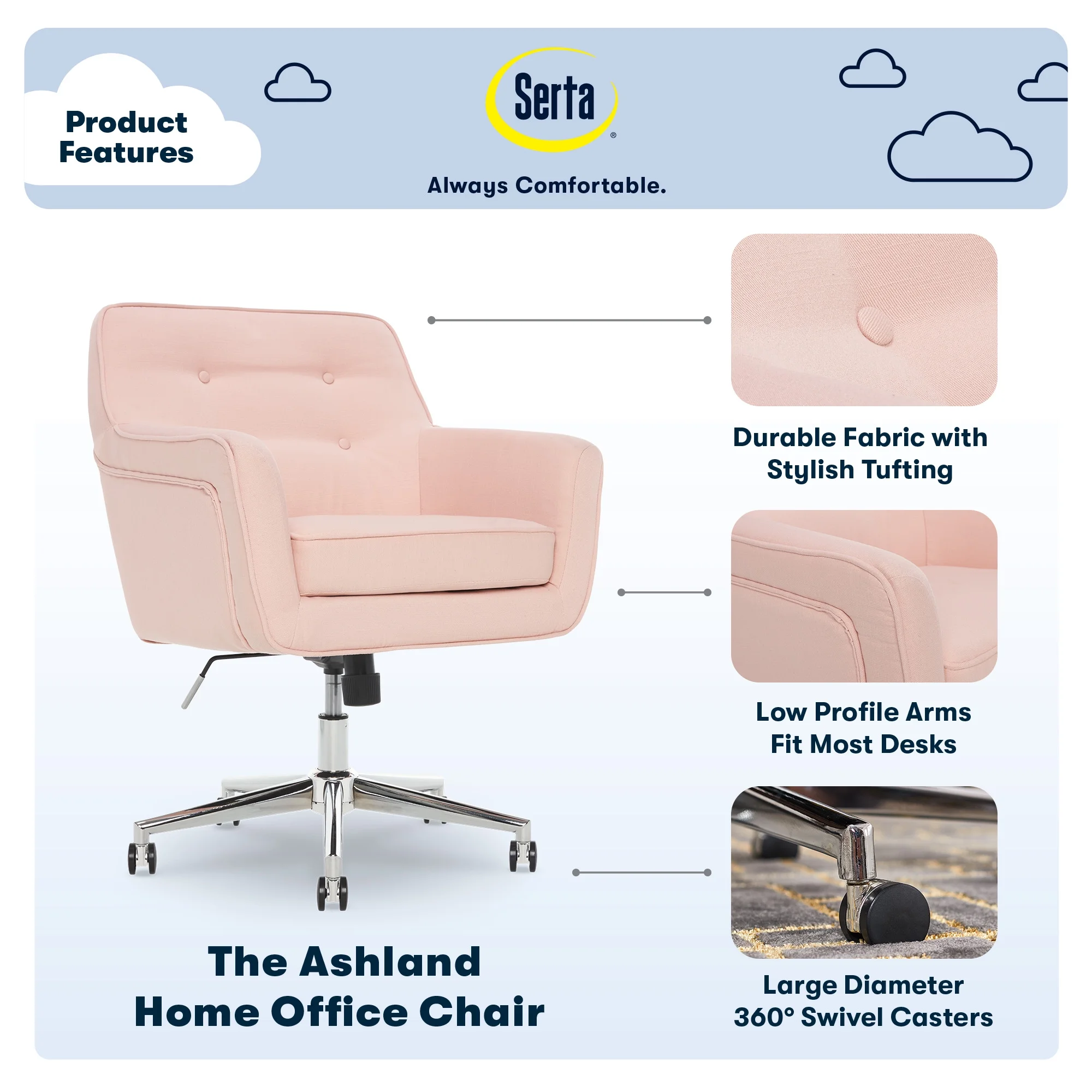 Serta Ashland Office Desk Chair, Button Tufted Mid-Back, Memory Foam Cushion, Chrome Swivel Base, Charcoal