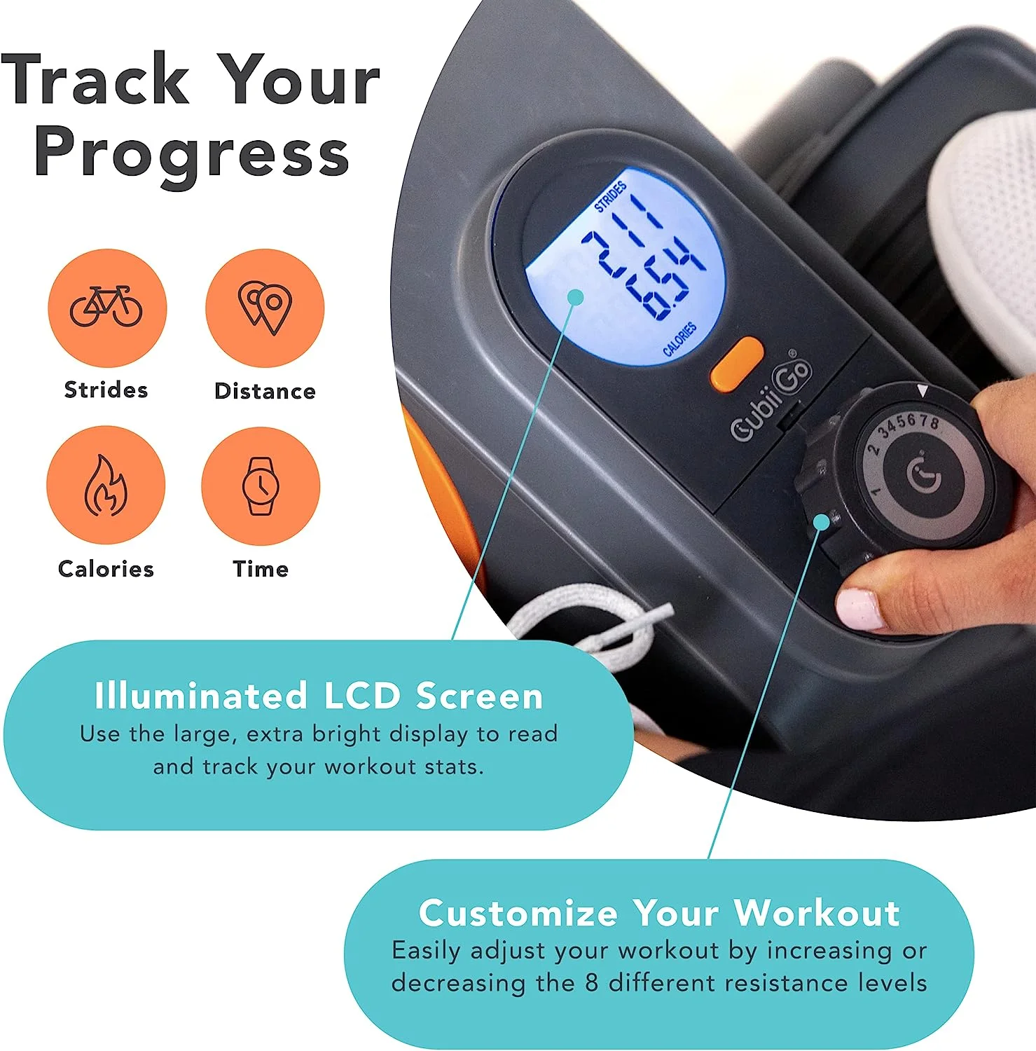 Cubii GO Aqua - Ultra Portable Under Desk Elliptical, Foot Pedal Exerciser Machine with Built-in Wheels, Easy Retractable Handle, Large LCD Fitness Tracker, Adjustable Resistance Levels