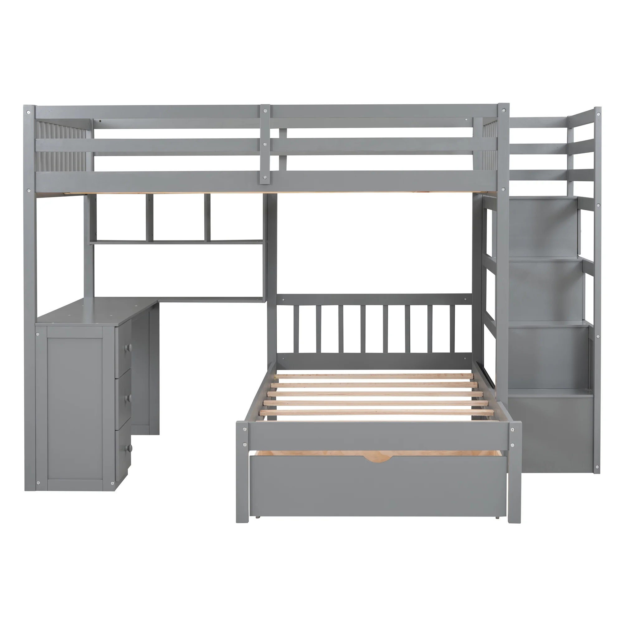 Harper & Bright Designs Full Over Twin Bunk Bed with Desk, Drawers and Shelves, L-Shaped Bunkbeds with Storage Staircase for Adults Bedroom, White