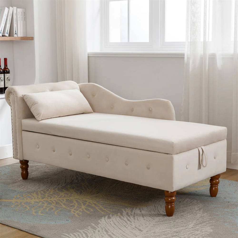 Storage Chaise Lounge. Upholstered Rolled Arm Chase Lounge with Nailhead Trim. Recliner Lounge Chair for Living Room Bedroom