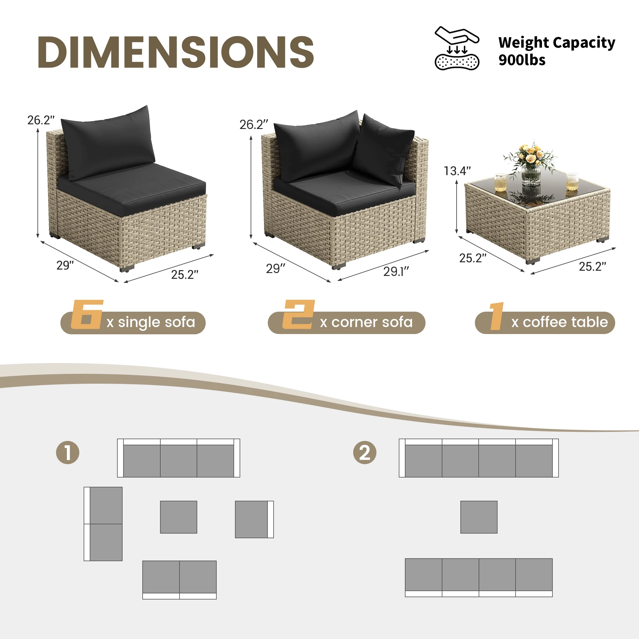 POTEBAN 7 Pieces Outdoor Patio Furniture Set, Grey Rattan Wicker Outdoor Conversation Sectional Sofa Set with Cushions for Backyard, Green