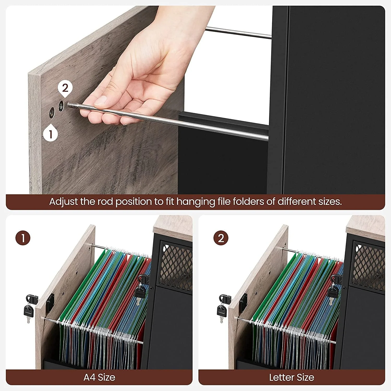 VASAGLE File Cabinet with Lock Filing Cabinet with 2 Storage Drawers for Home Office Open Shelf Greige and Black
