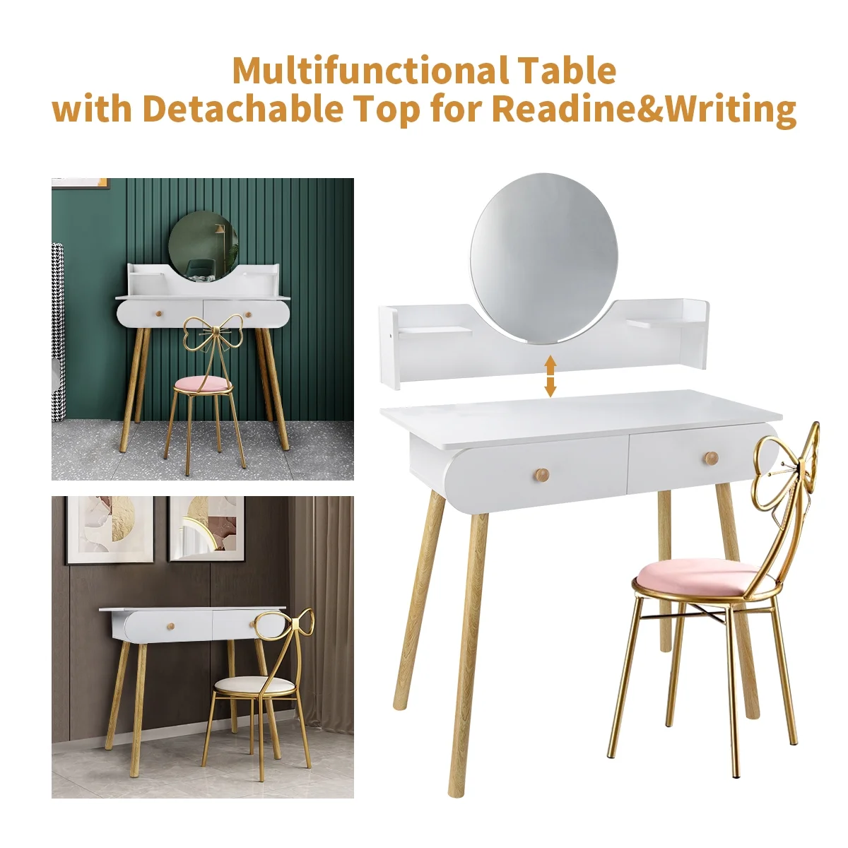 Liyufly Modern White Vanity Desk with Mirror, Solid Wood Makeup Vanity Dressing Table for Women Girls (Without Stool and LED)