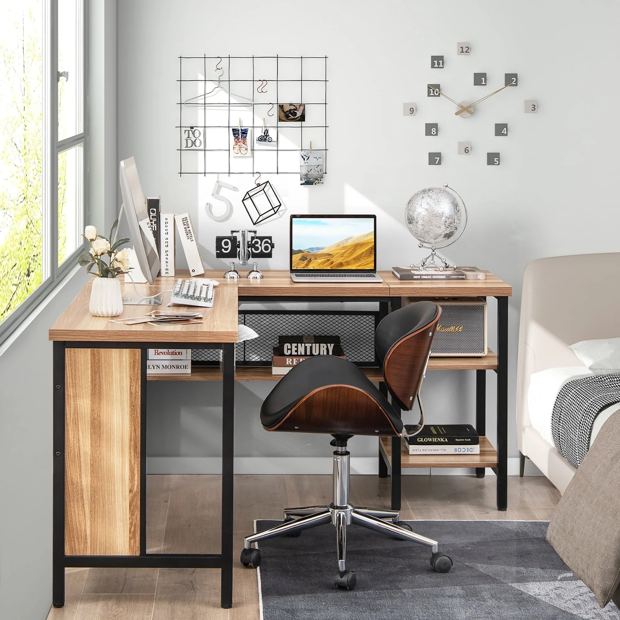 Costway L-Shaped Corner Computer Desk Home Office Workstation w/ Storage Shelves Oak
