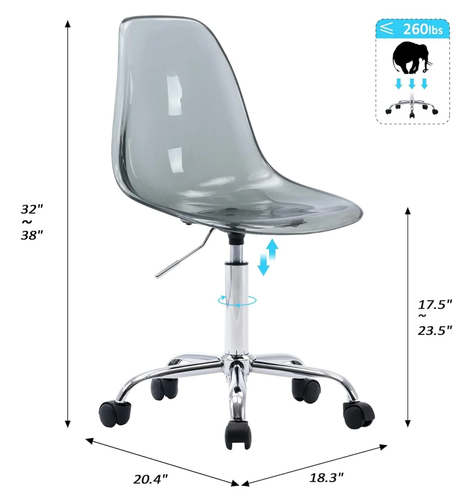 Echoworld Clear Rolling Chair, Armless Desk Chair with Golden Feet Swivel Molded Plastic Shell Adjustable Home Office Chair with Wheels, Clear