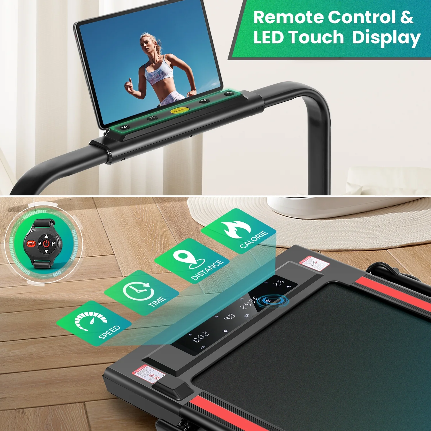 2 in 1 Walking Pad Treadmill with Incline, 2.5HP Under Desk Treadmill with Handle Remote Control & LED Touch Screen for Home Office Workout, 300lbs Weight Capacity Black & Green