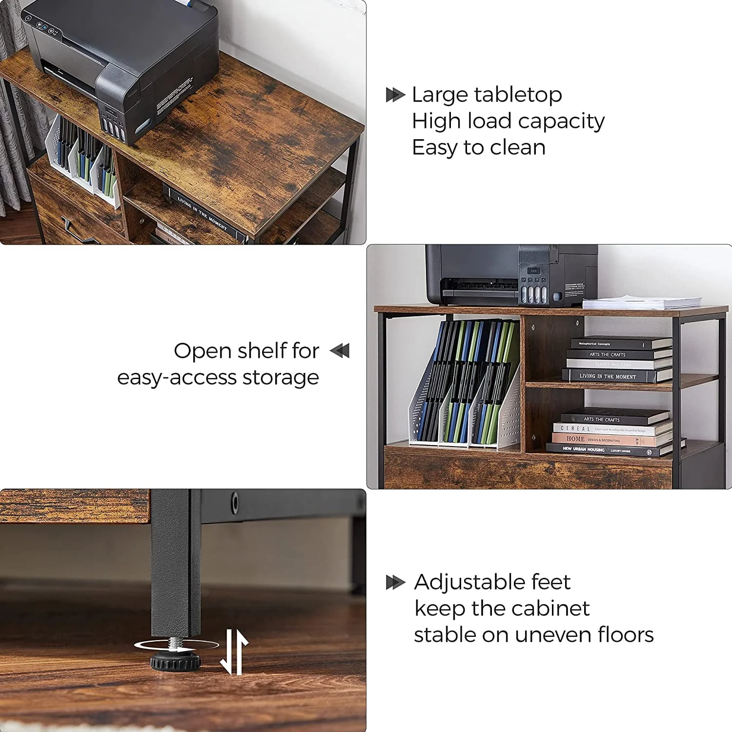 VASAGLE Lateral File Cabinet for Home Office, Filing Cabinet with Open Shelves and Drawer, Rustic Brown and Black