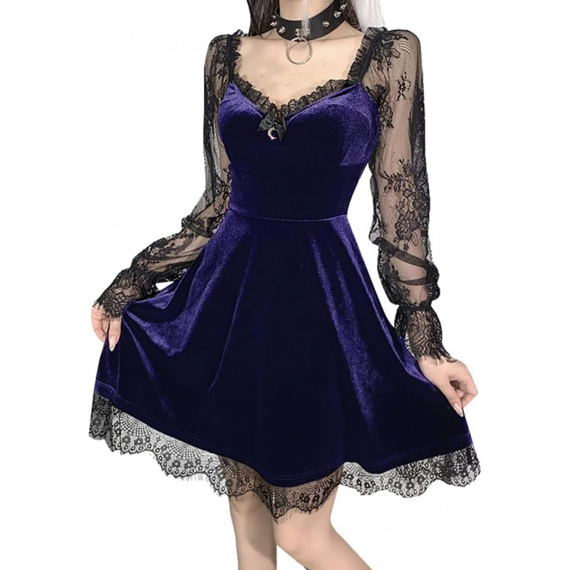 Women Gothic Velvet Dress - Flared Lace Long Sleeve Midi Dresses