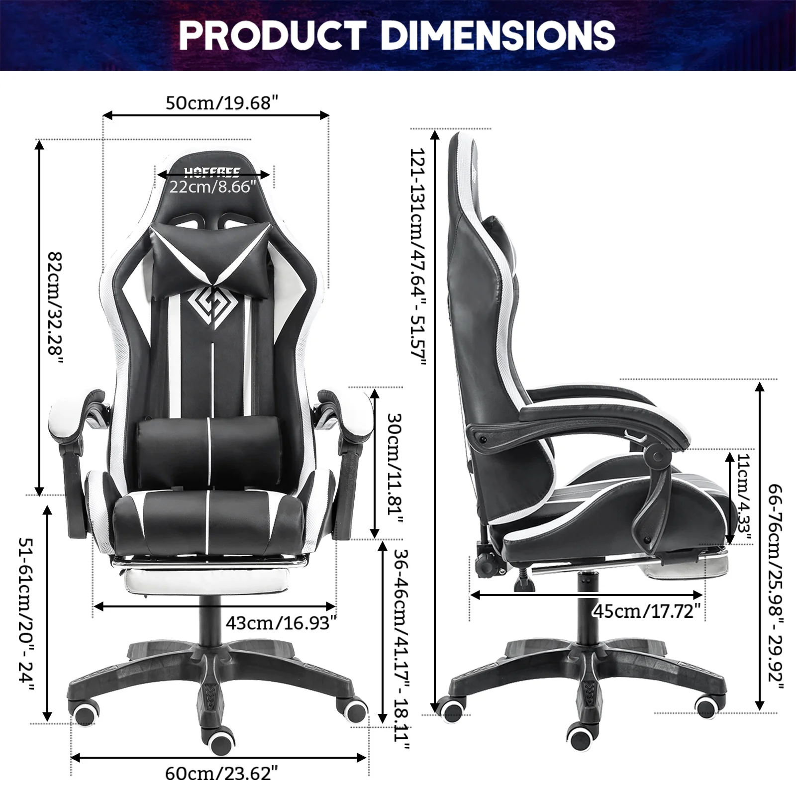 Hoffree Gaming Chair with Massage PU Leather Office Chair with Footrest and LED Light Ergonomic Gamer Chair Lumbar Support Adjustable Headrest High Back Computer Desk Chair for Home Office