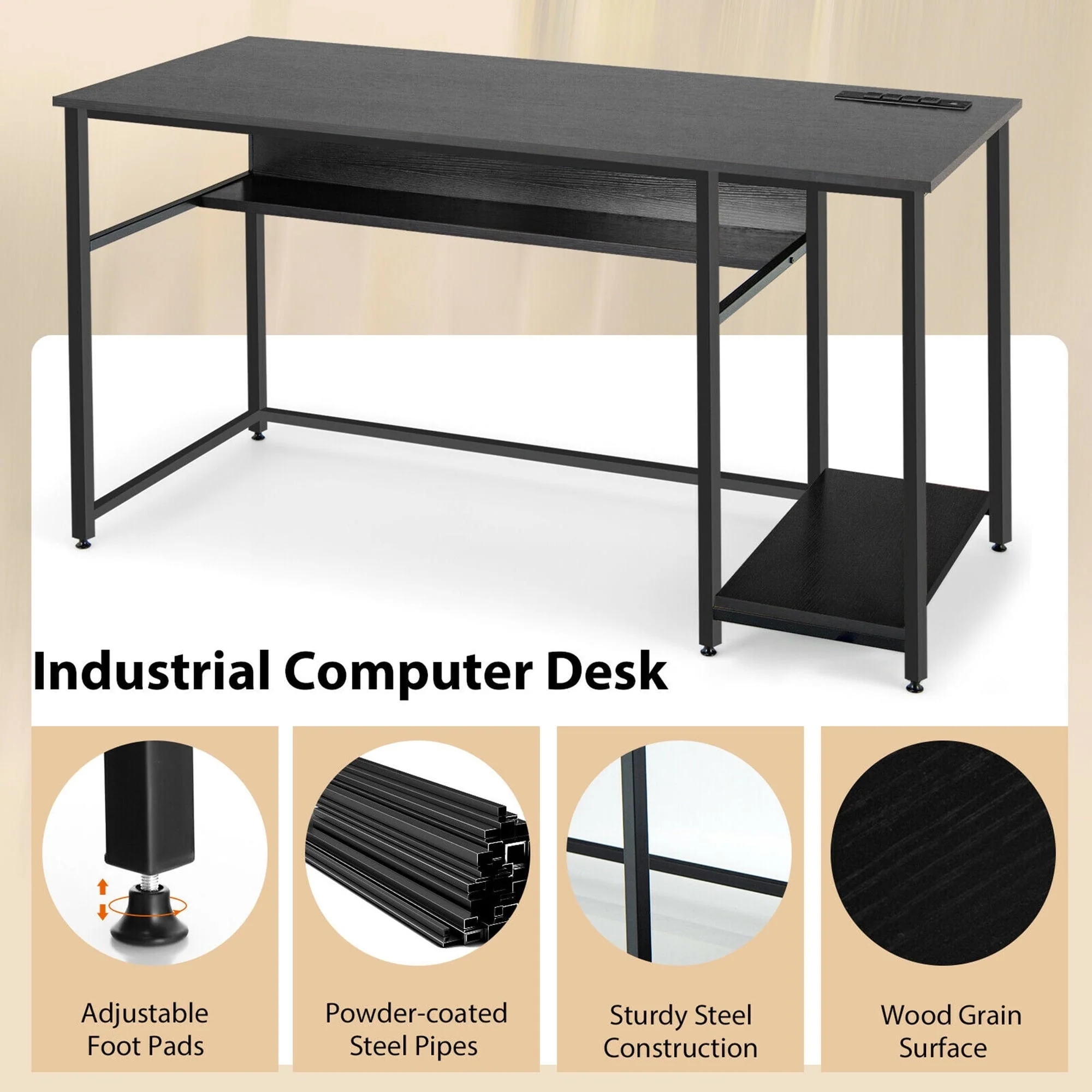 Gymax 55'' Computer Desk Home Office PC Workstation w/ Power Outlets & USB Ports Black