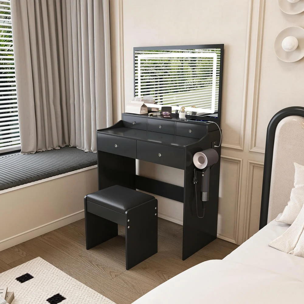 Kadyn Vanity Desk with Lighted Mirror, Vanity Table and Chair Set with 2 Drawers, Dressing Table Makeup Desk with 1 Door, Retro Gray