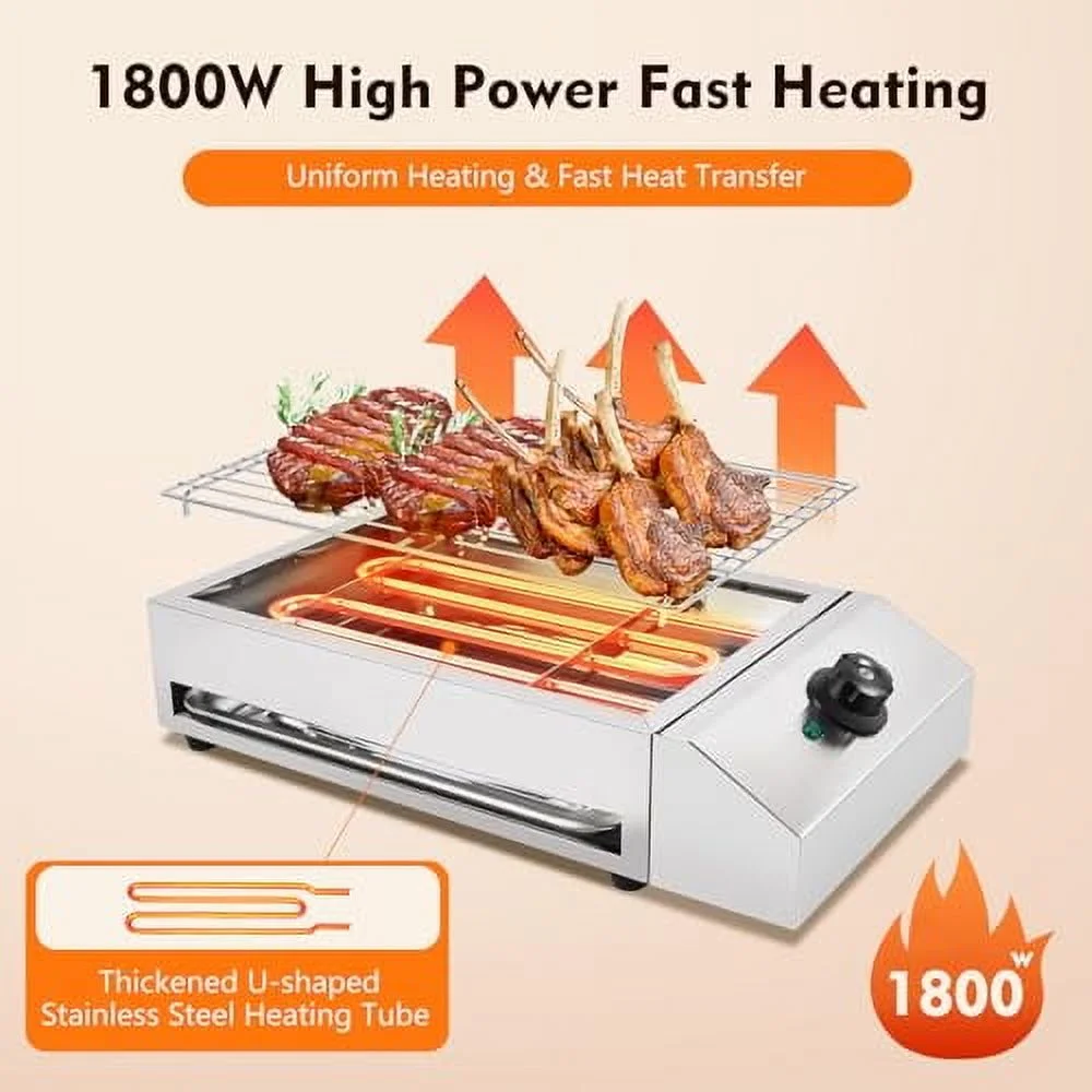 Fichiouy1800W Countertop Barbecue Grill Smokeless Oven Grill Stainless Steel, 110V Electric Griddle Flat Top Indoor Outdoor Grill with Non-Stick Cooking Plate Temperature: 50-300��/