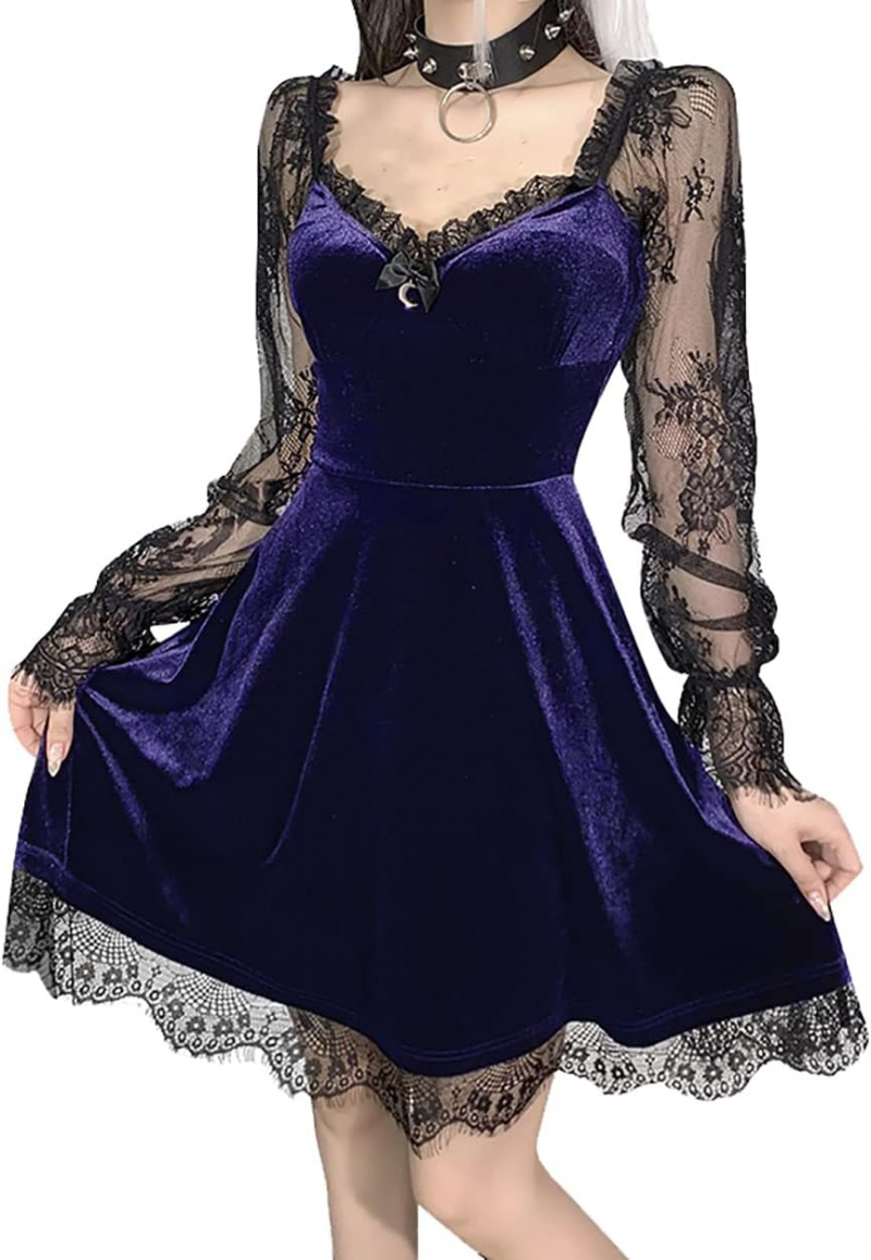 Women Gothic Velvet Dress - Flared Lace Long Sleeve Midi Dresses