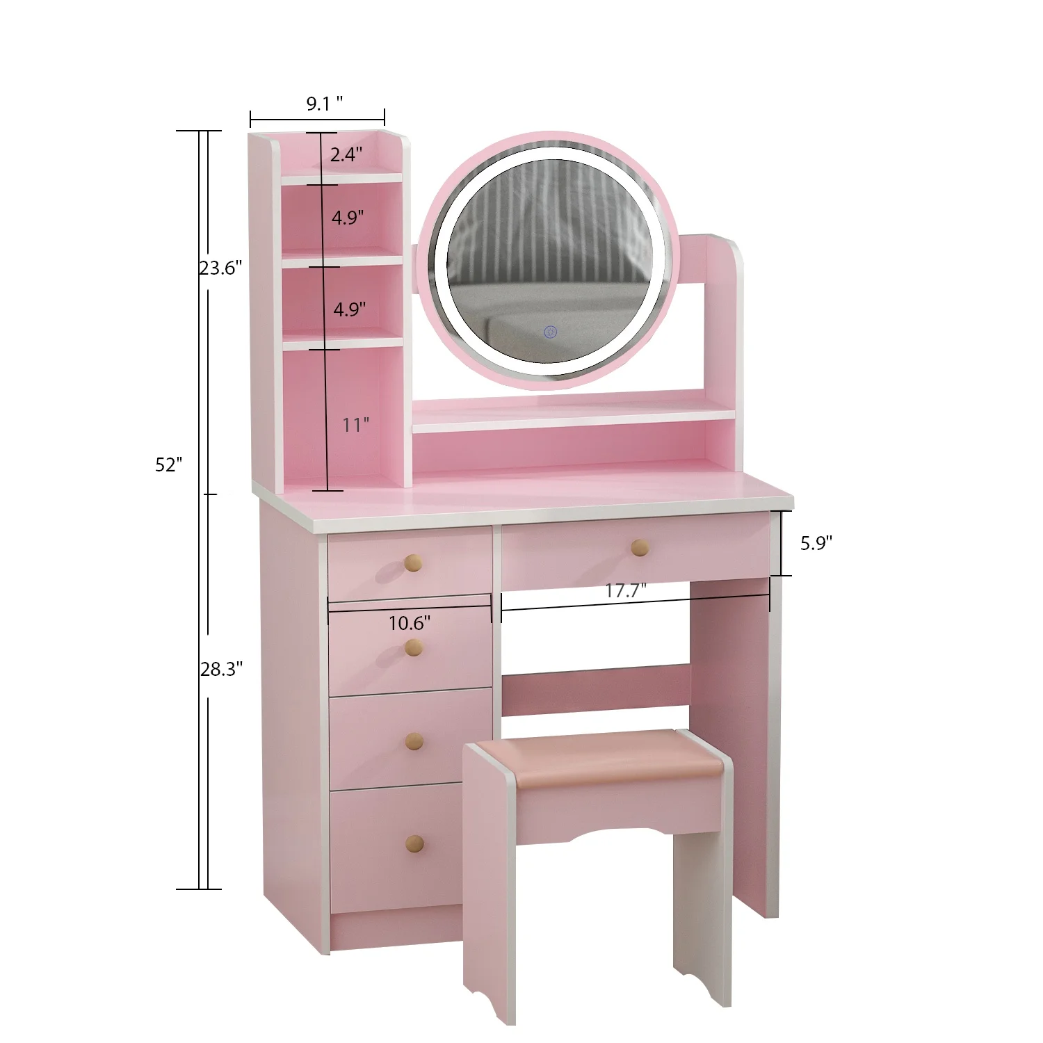 OXYLIFE Makeup Vanity Desk Table with Sliding LED Lighted Mirror, Cushion Stool, 4 Drawers and Shelves, White+Gray