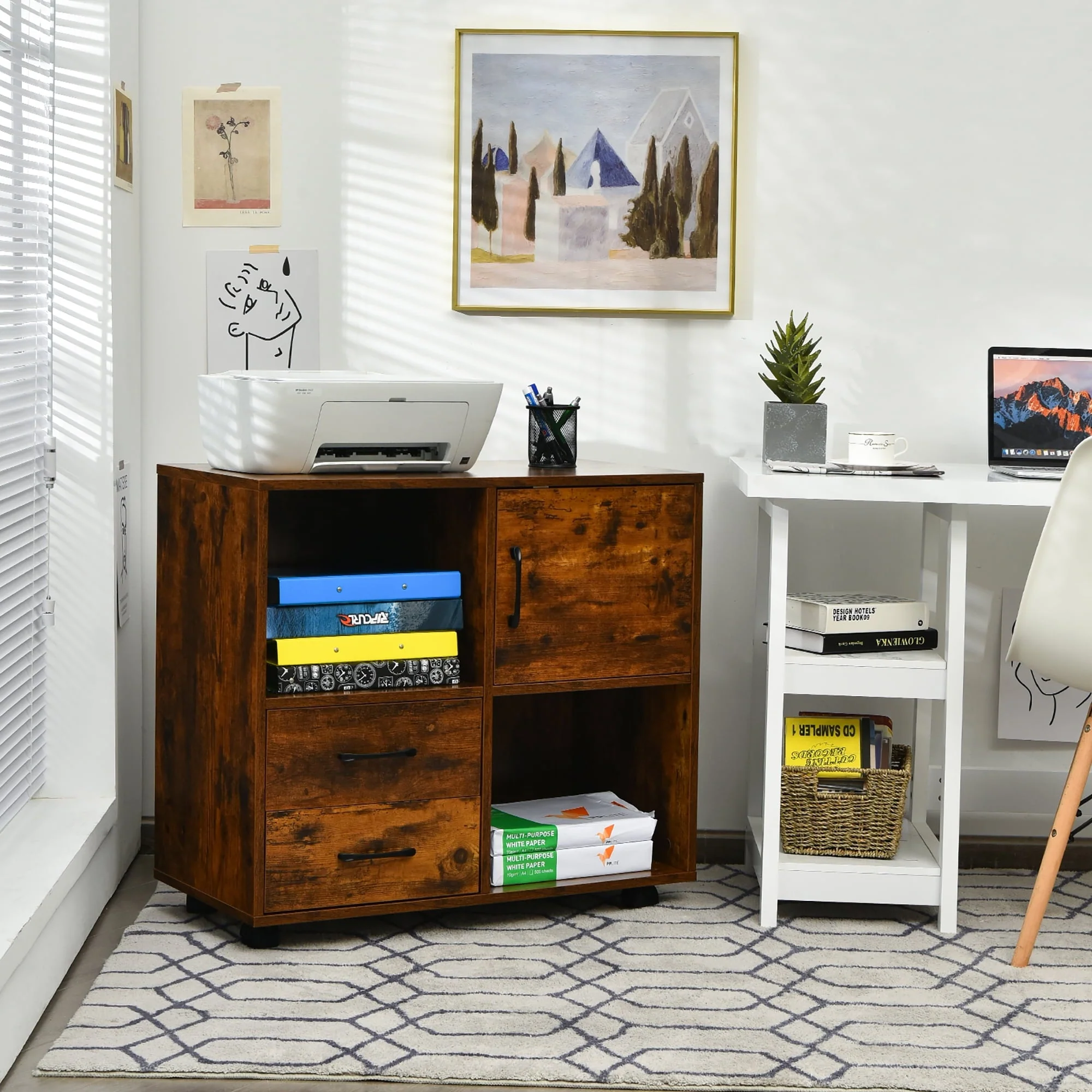 Costway File Cabinet Mobile Lateral Printer Stand with Storage Shelves Brown